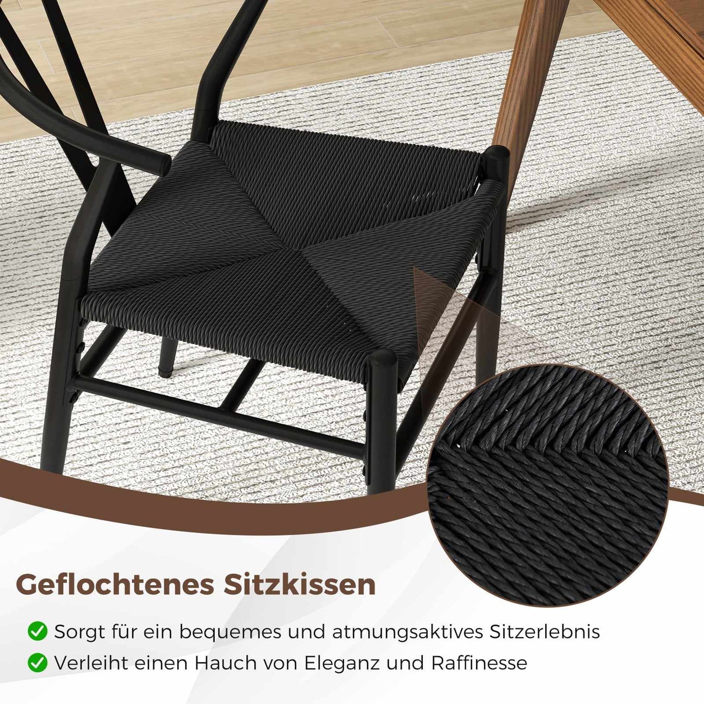 Dining Chairs Set of 2, Y-Back, Woven Rattan Seat, Black