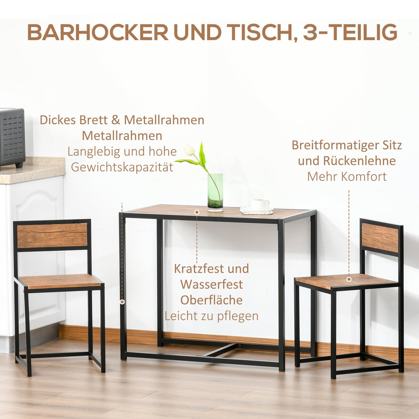 Dining room set: table with 2 metal chairs, natural finish