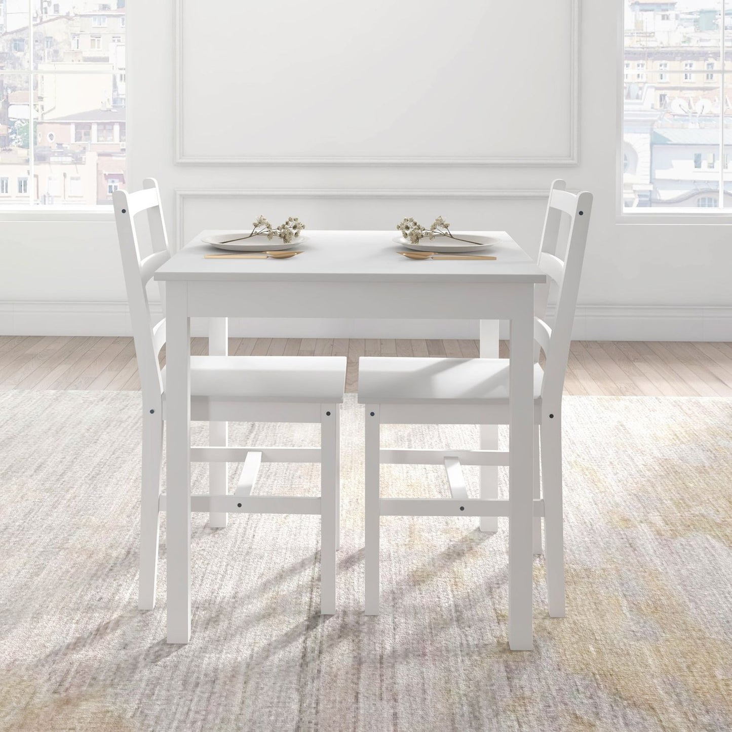 Pine Wood Dining Table Set for 2 - White Finish
