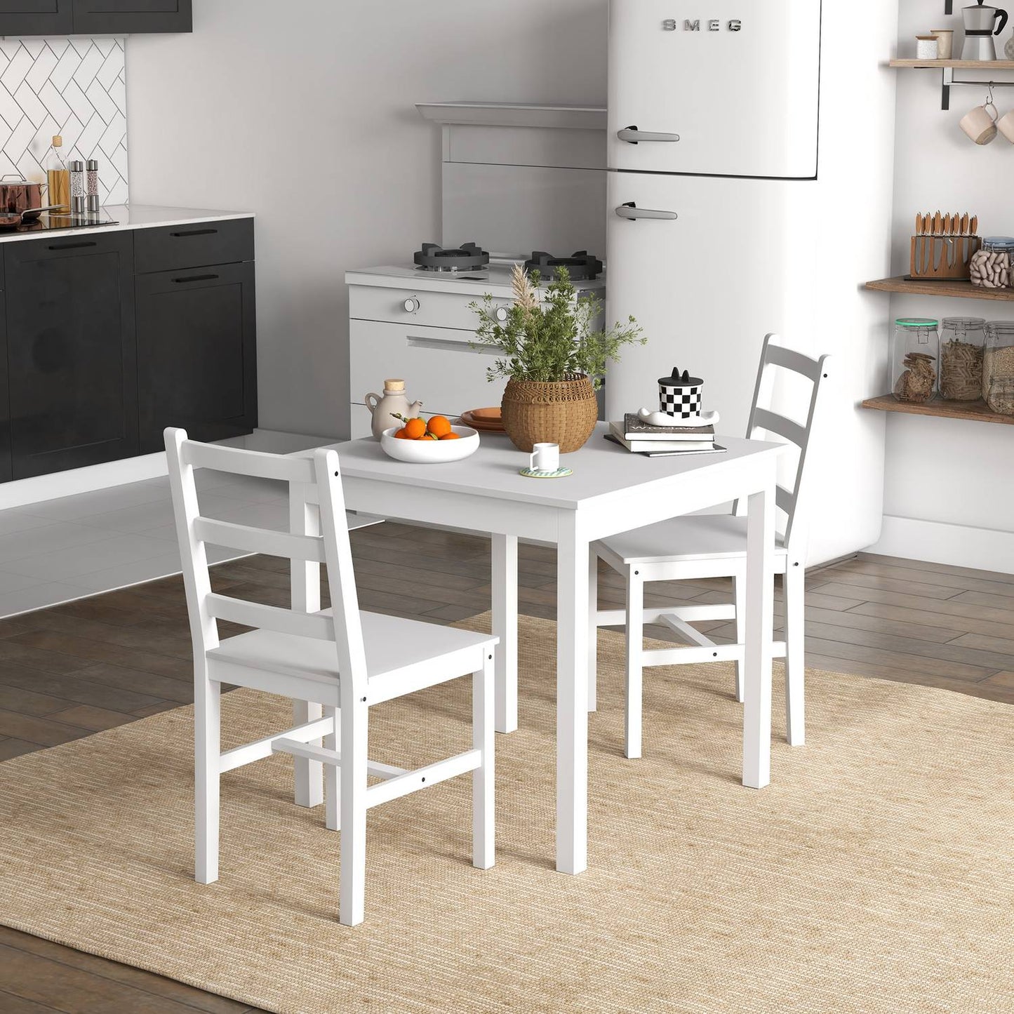 Pine Wood Dining Table Set for 2 - White Finish