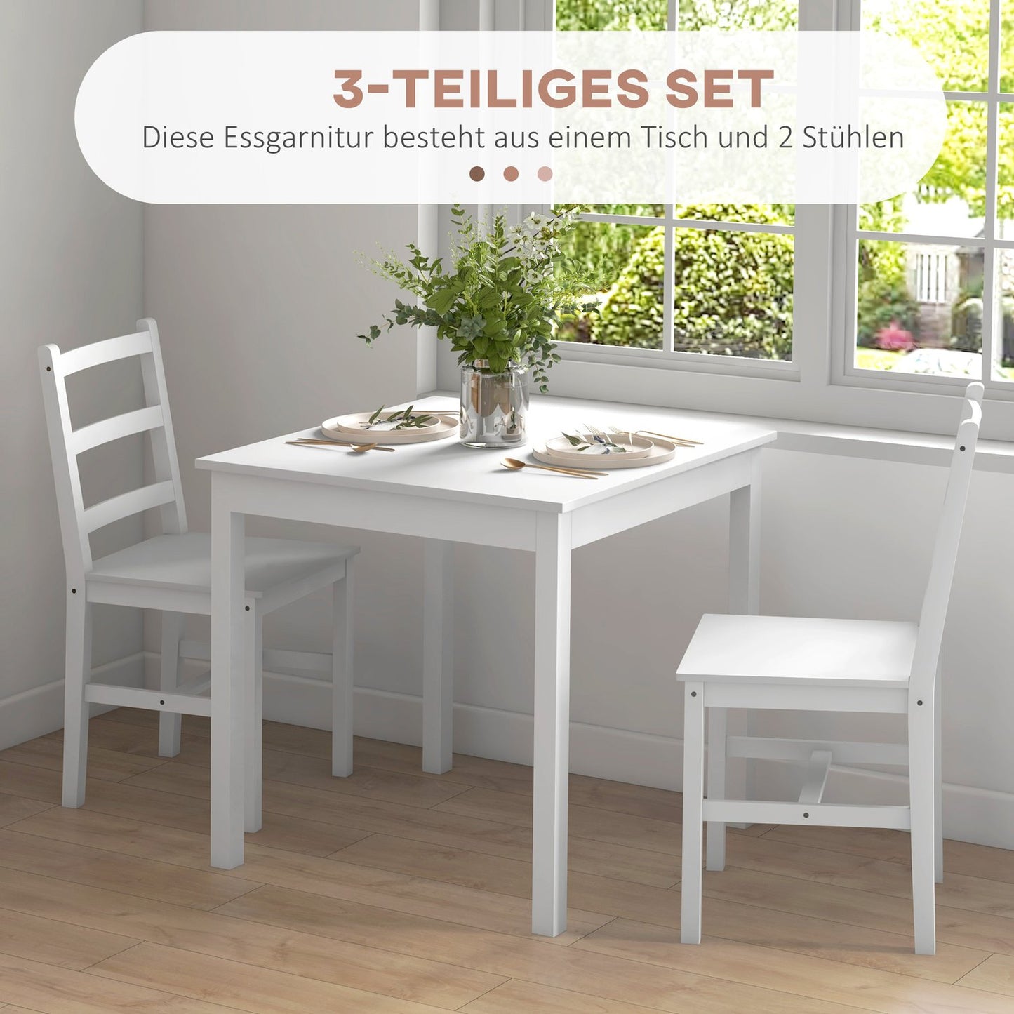 Pine Wood Dining Table Set for 2 - White Finish