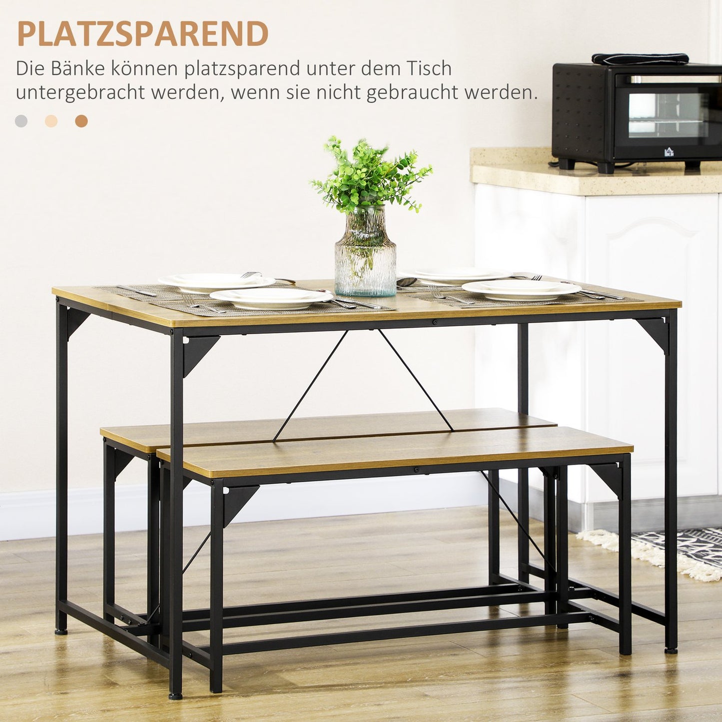 Natural dining set for 4 – 3 tables, 2 benches