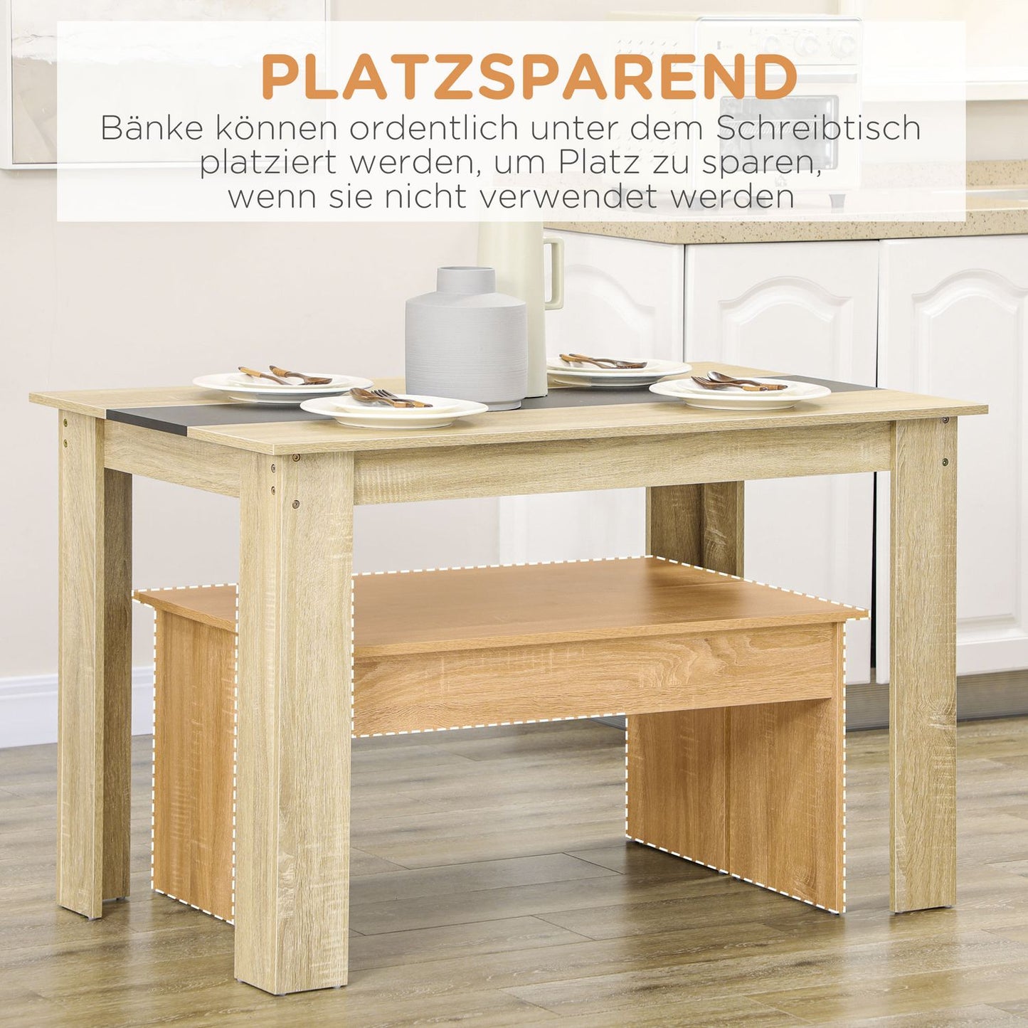 Dining table set with 2 benches, space-saving oak & black