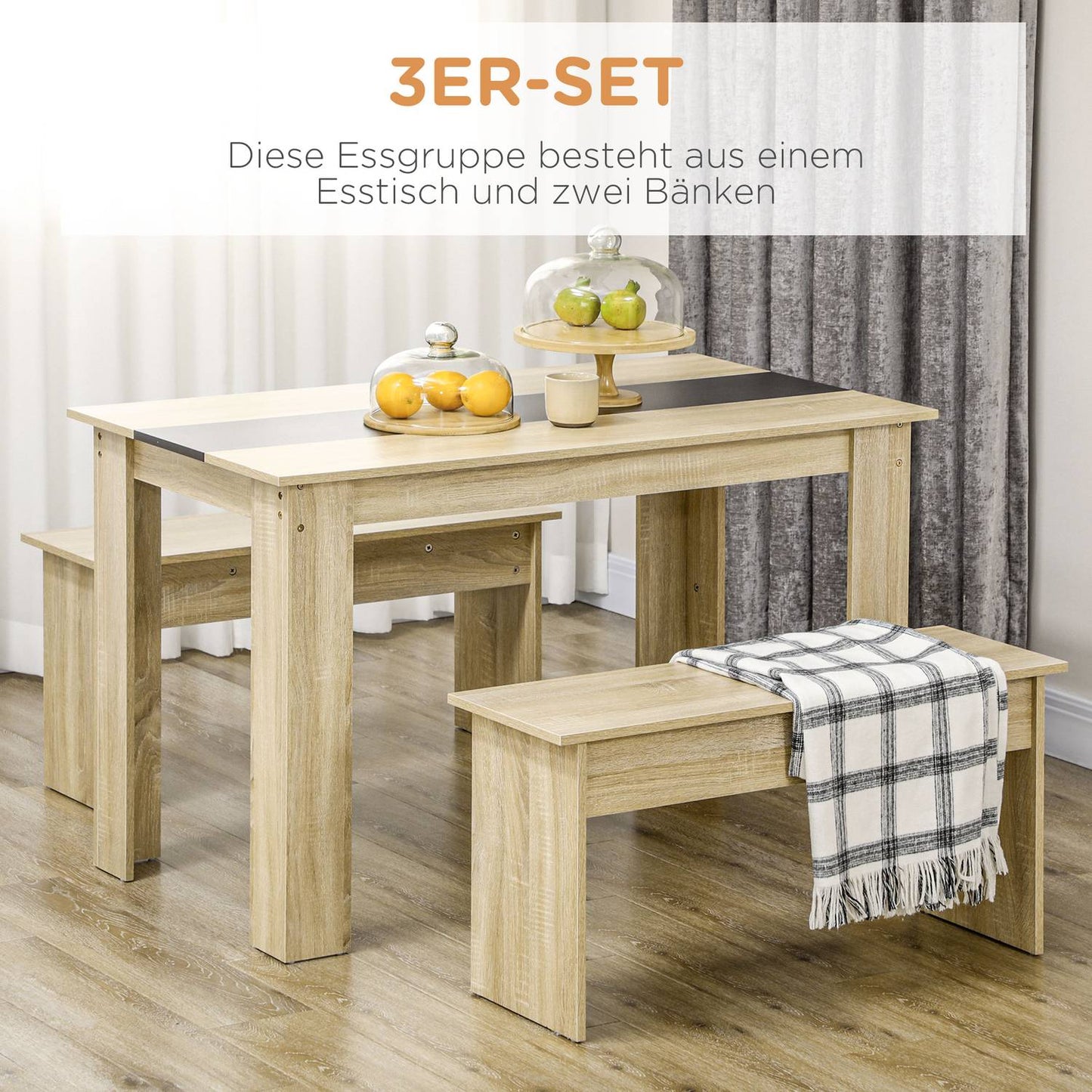Dining table set with 2 benches, space-saving oak & black