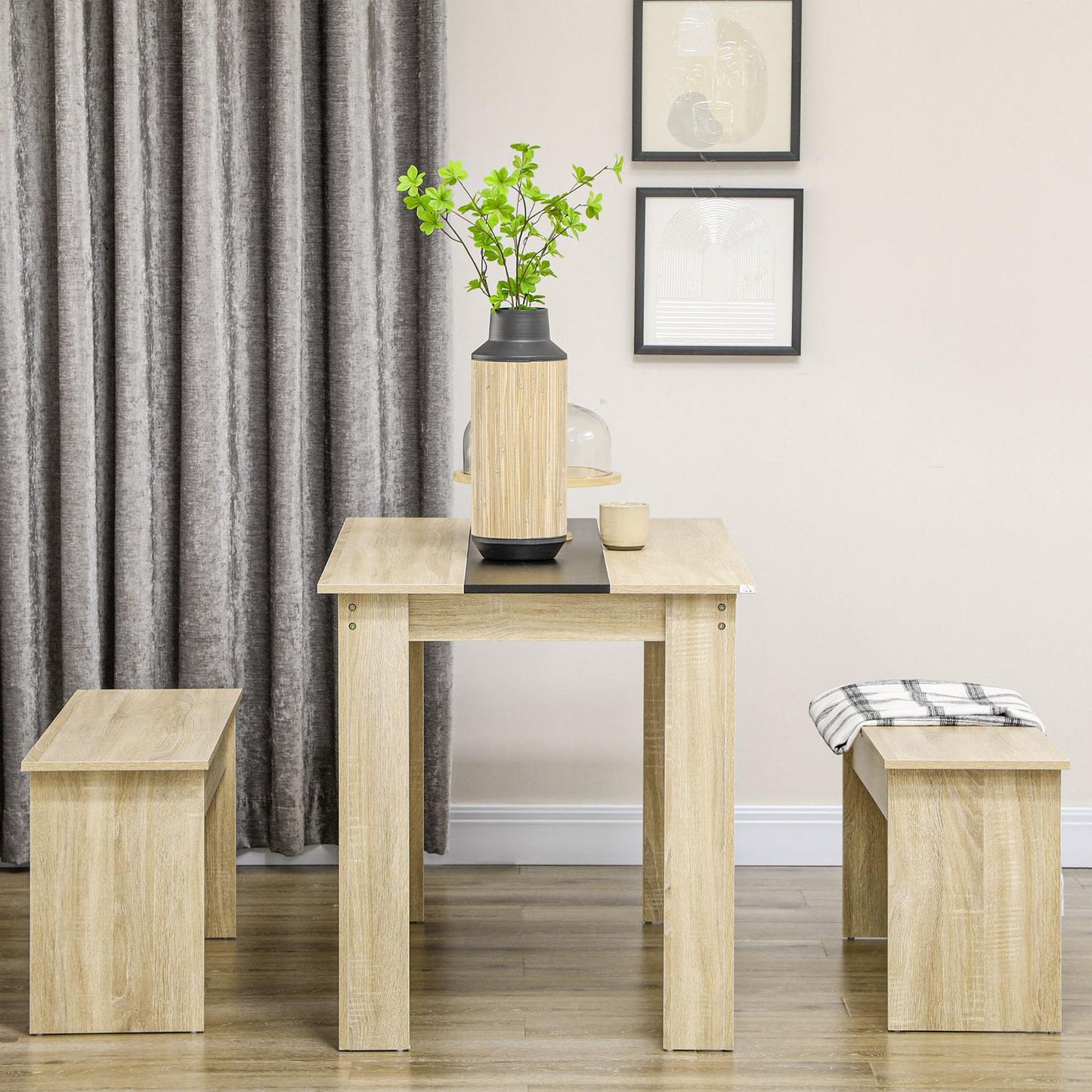 Dining table set with 2 benches, space-saving oak & black