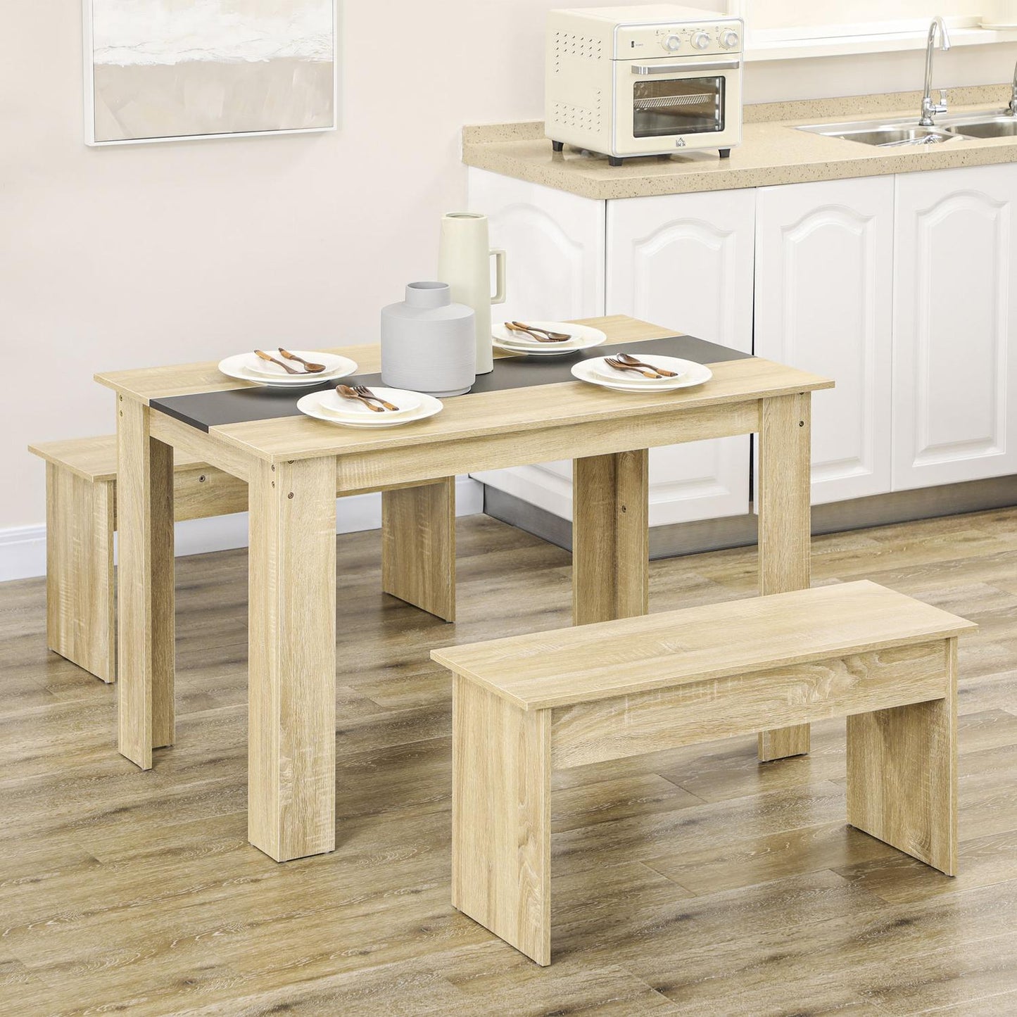 Dining table set with 2 benches, space-saving oak & black