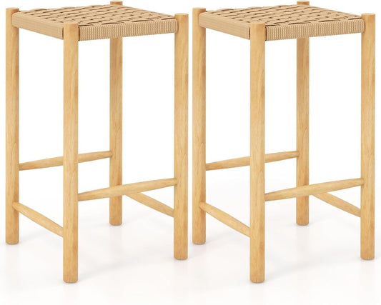 Dining Room Bar Stool Set Rubberwood Frame & Braided Paper Seat Rustic Bar Stool in Counter Height 65cm