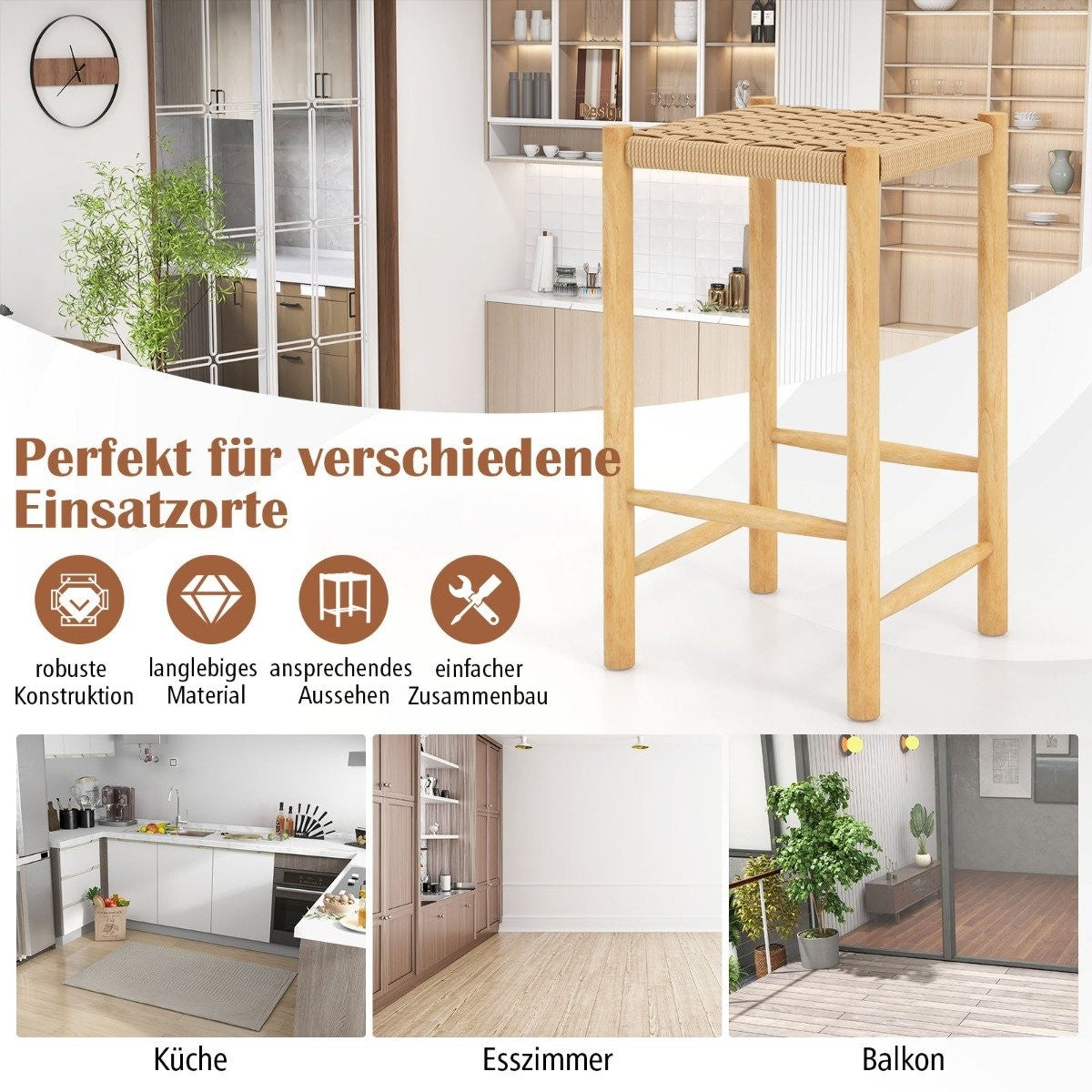 Dining Room Bar Stool Set Rubberwood Frame & Braided Paper Seat Rustic Bar Stool in Counter Height 65cm