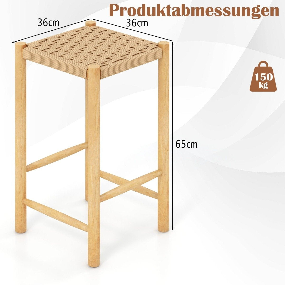 Dining Room Bar Stool Set Rubberwood Frame & Braided Paper Seat Rustic Bar Stool in Counter Height 65cm