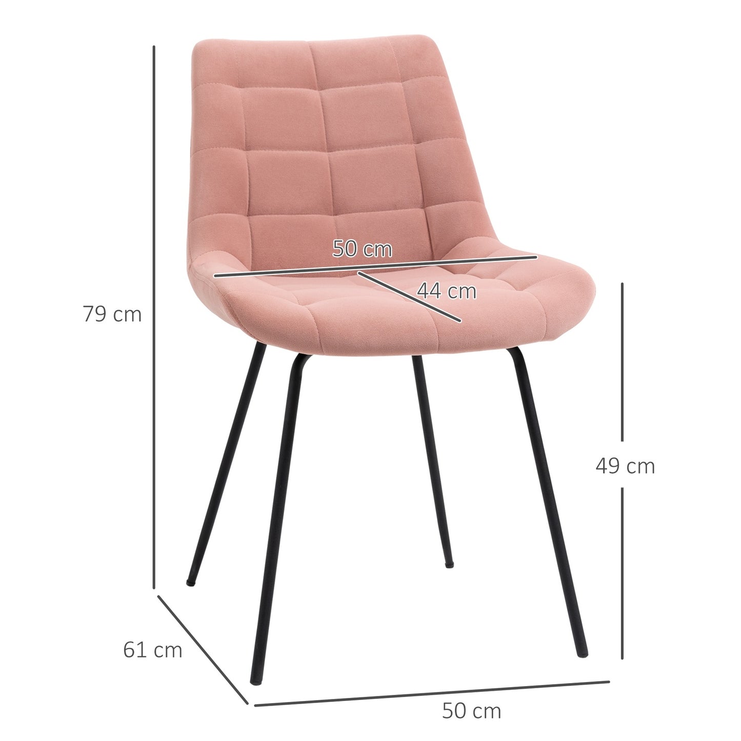 Set of 2 dining chairs in velvet, pink, retro design, steel legs