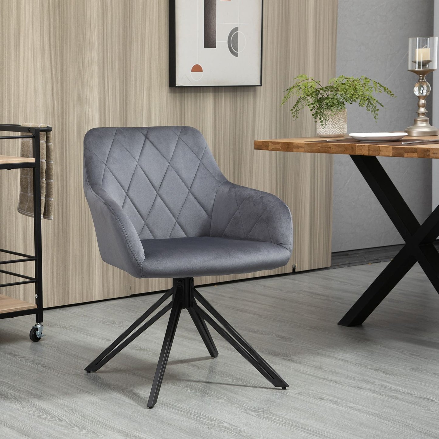 Steel gray upholstered dining chair, retro velvet design