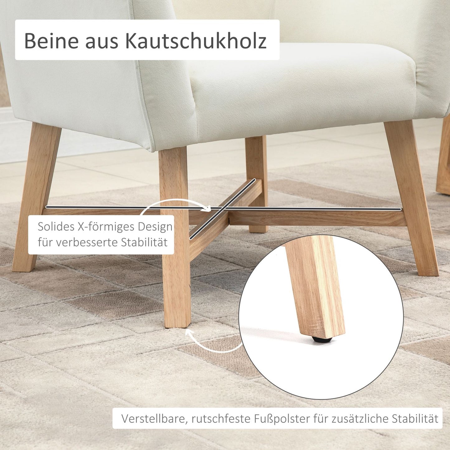 Modern dining chair in cream velvet with armrests, wooden frame