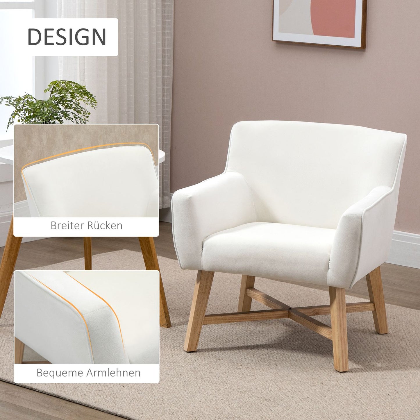 Modern dining chair in cream velvet with armrests, wooden frame