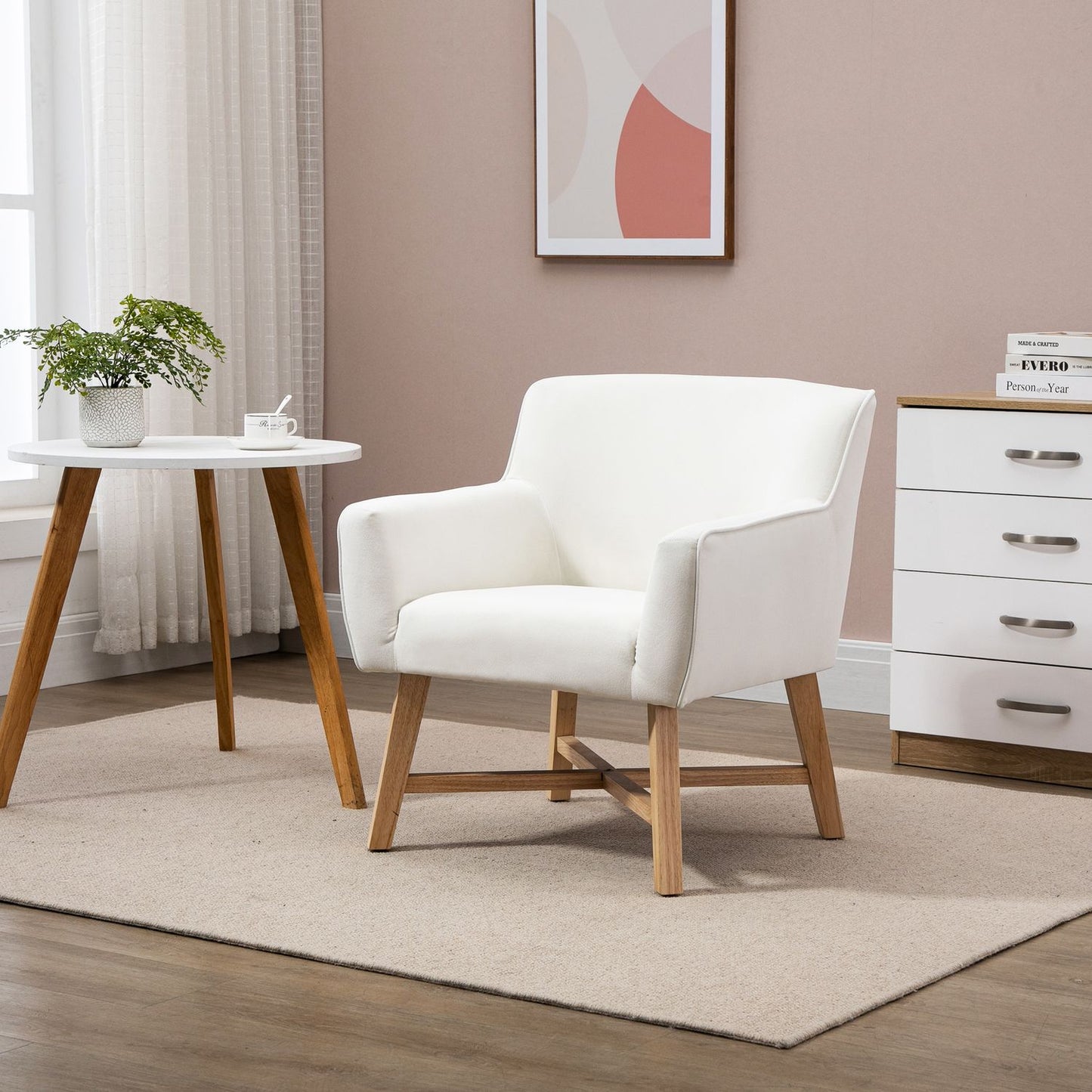 Modern dining chair in cream velvet with armrests, wooden frame