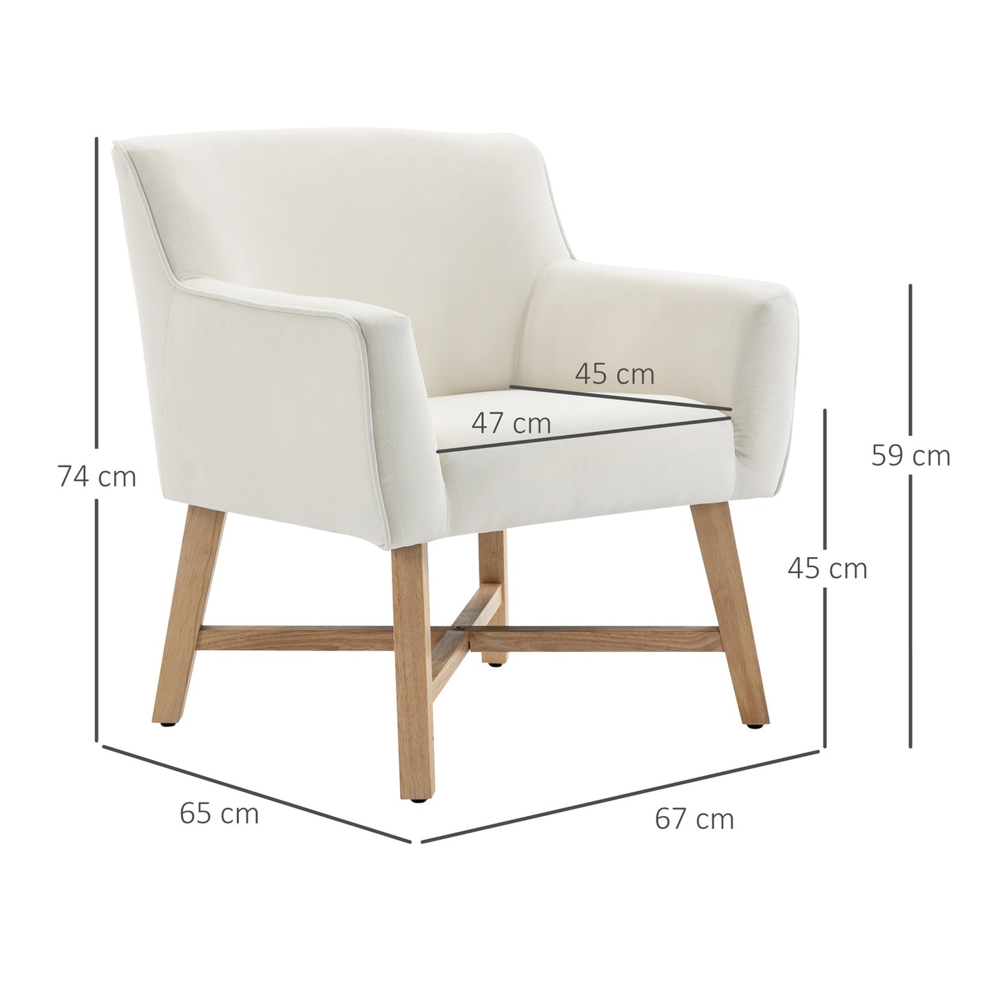 Modern dining chair in cream velvet with armrests, wooden frame