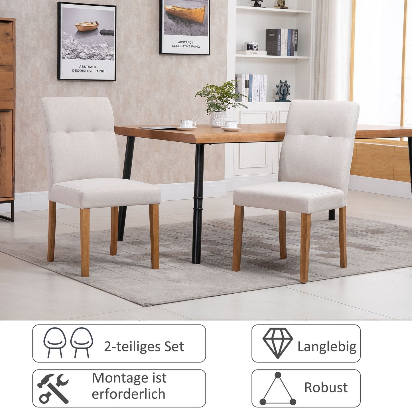Set of 2 beige dining chairs, padded seat, linen blend