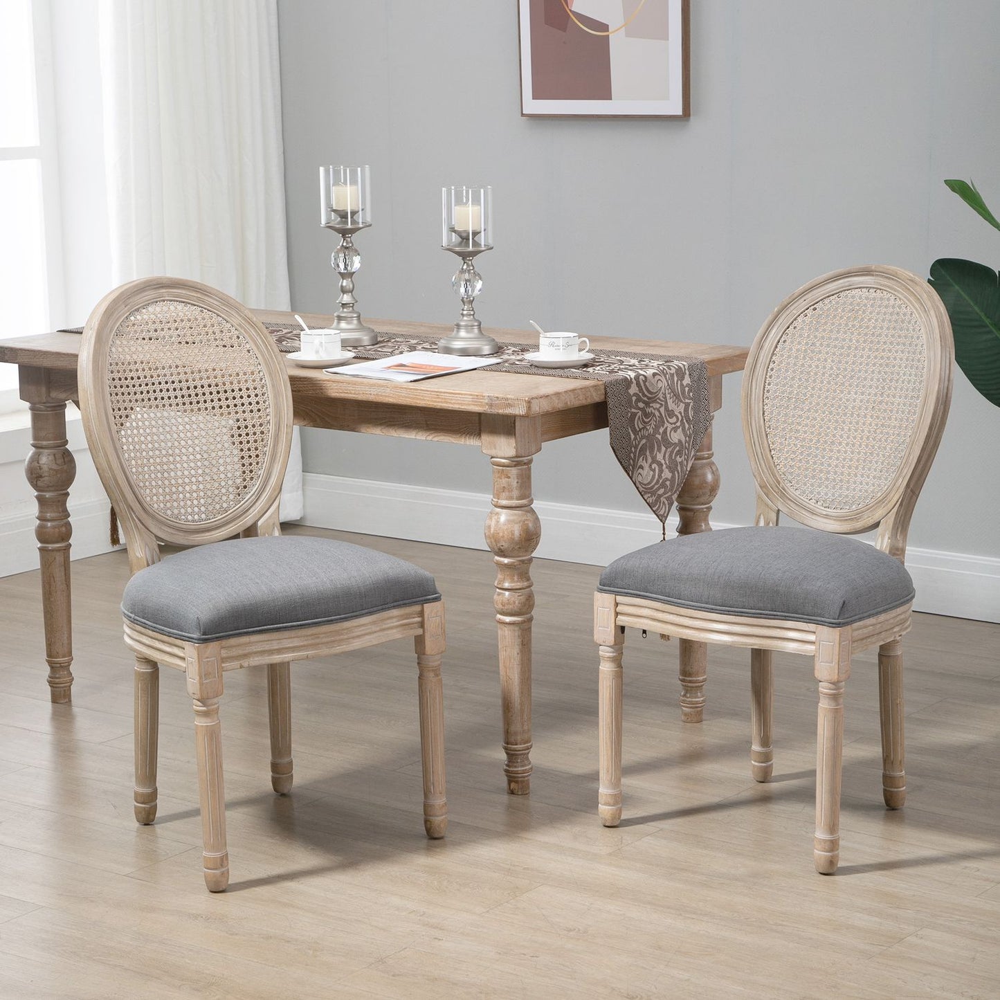 Gray upholstered dining chairs, set of 2 - Rattan back, linen look
