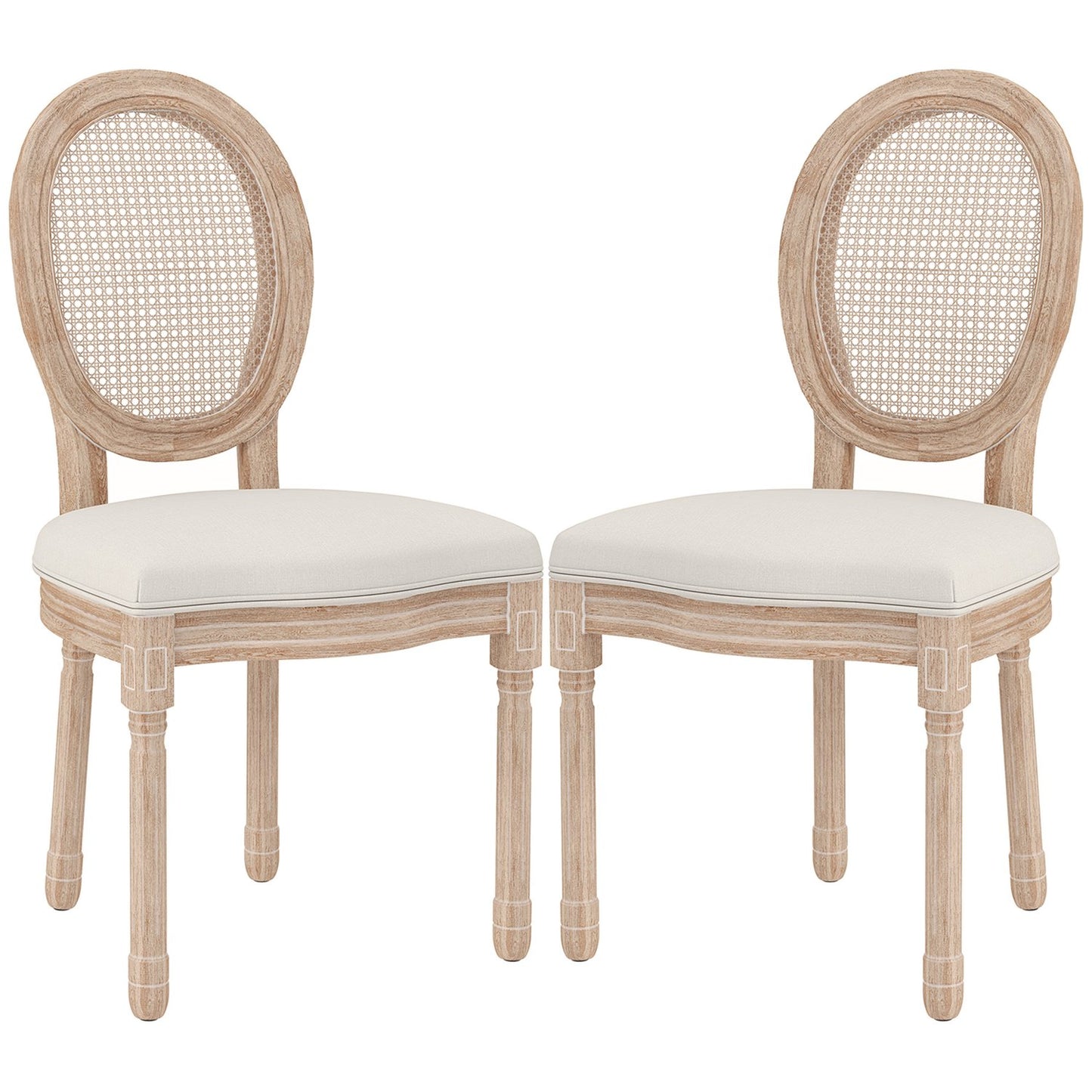 Dining room chairs, set of 2, linen & rattan, cream white