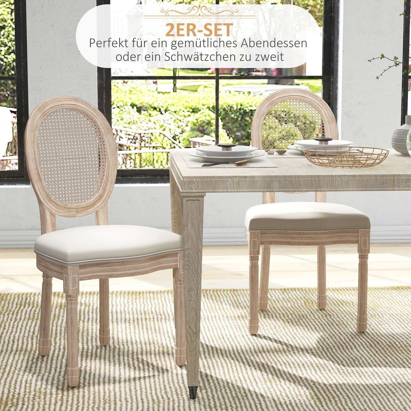 Dining room chairs, set of 2, linen & rattan, cream white