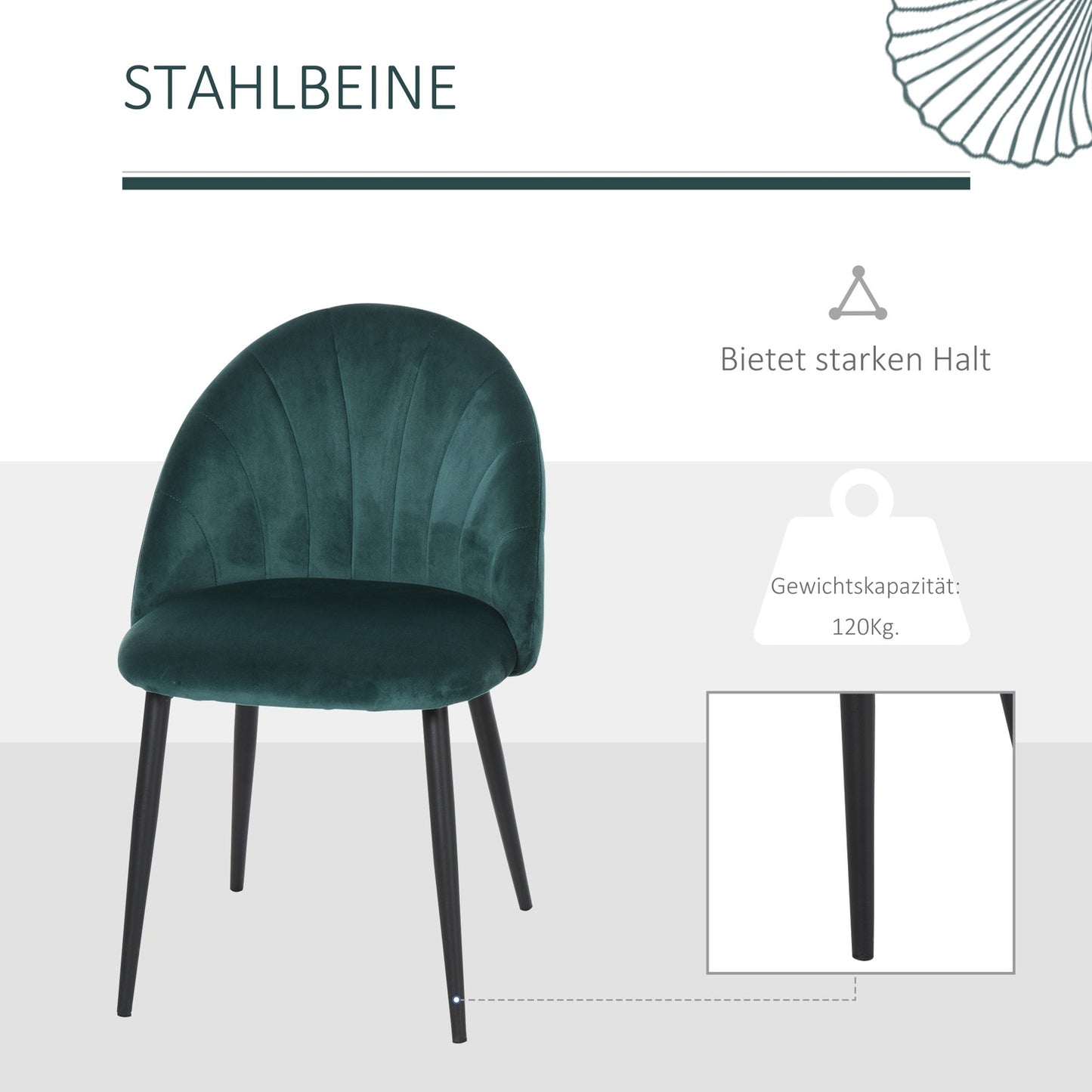 Modern dining chairs in green velvet, set of 2, upholstered