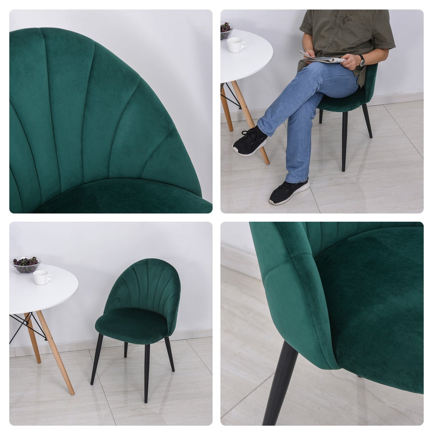 Modern dining chairs in green velvet, set of 2, upholstered