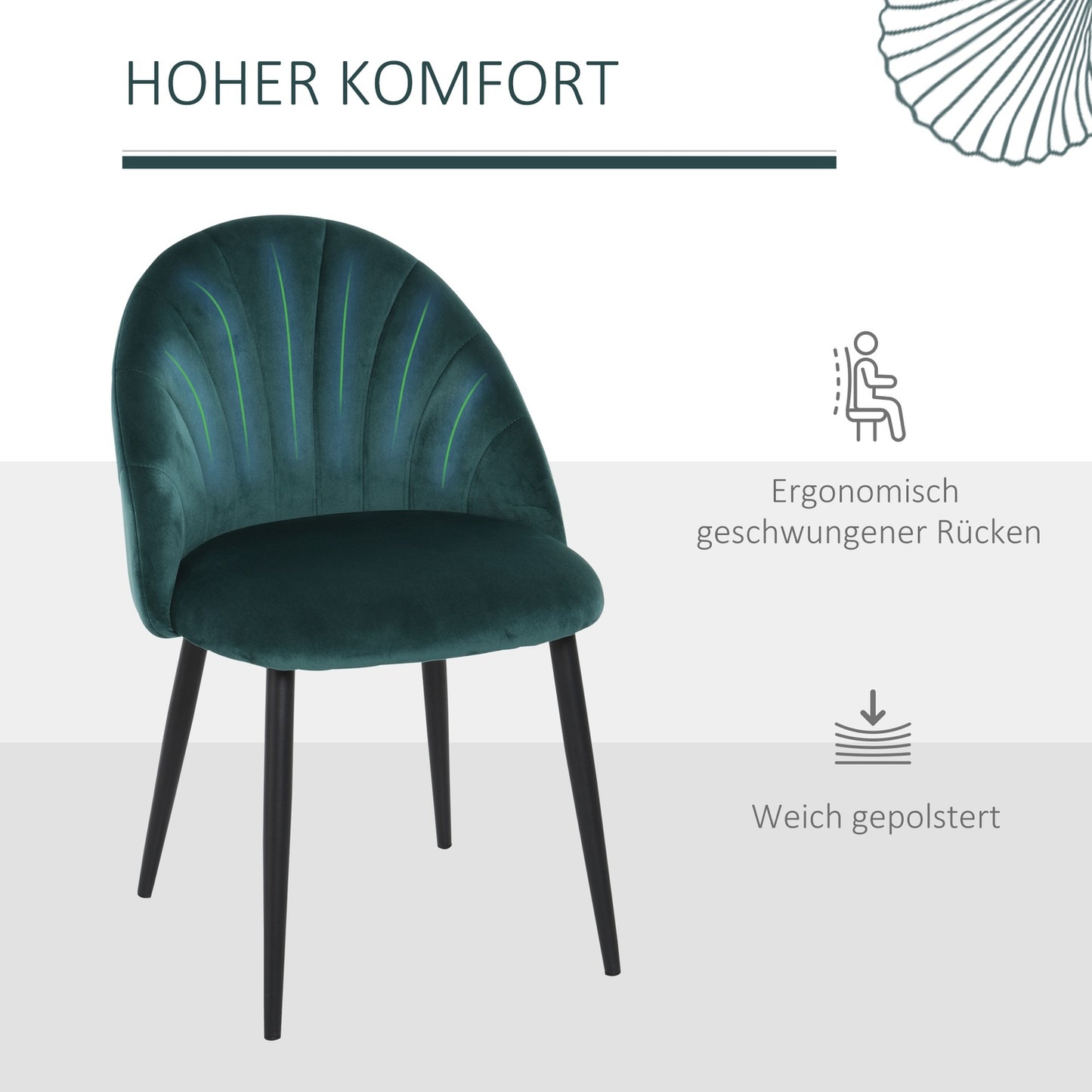 Modern dining chairs in green velvet, set of 2, upholstered