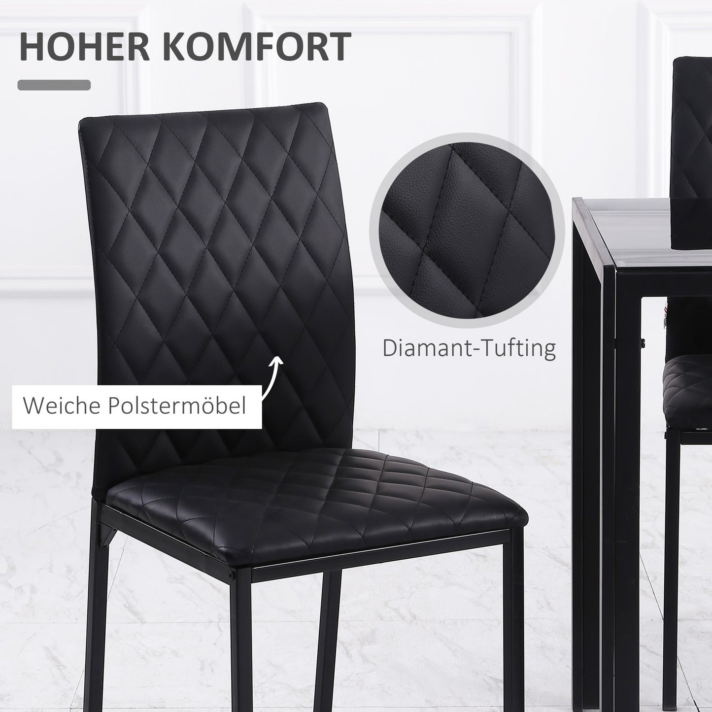 Black artificial leather dining chairs, set of 4, steel legs, padded