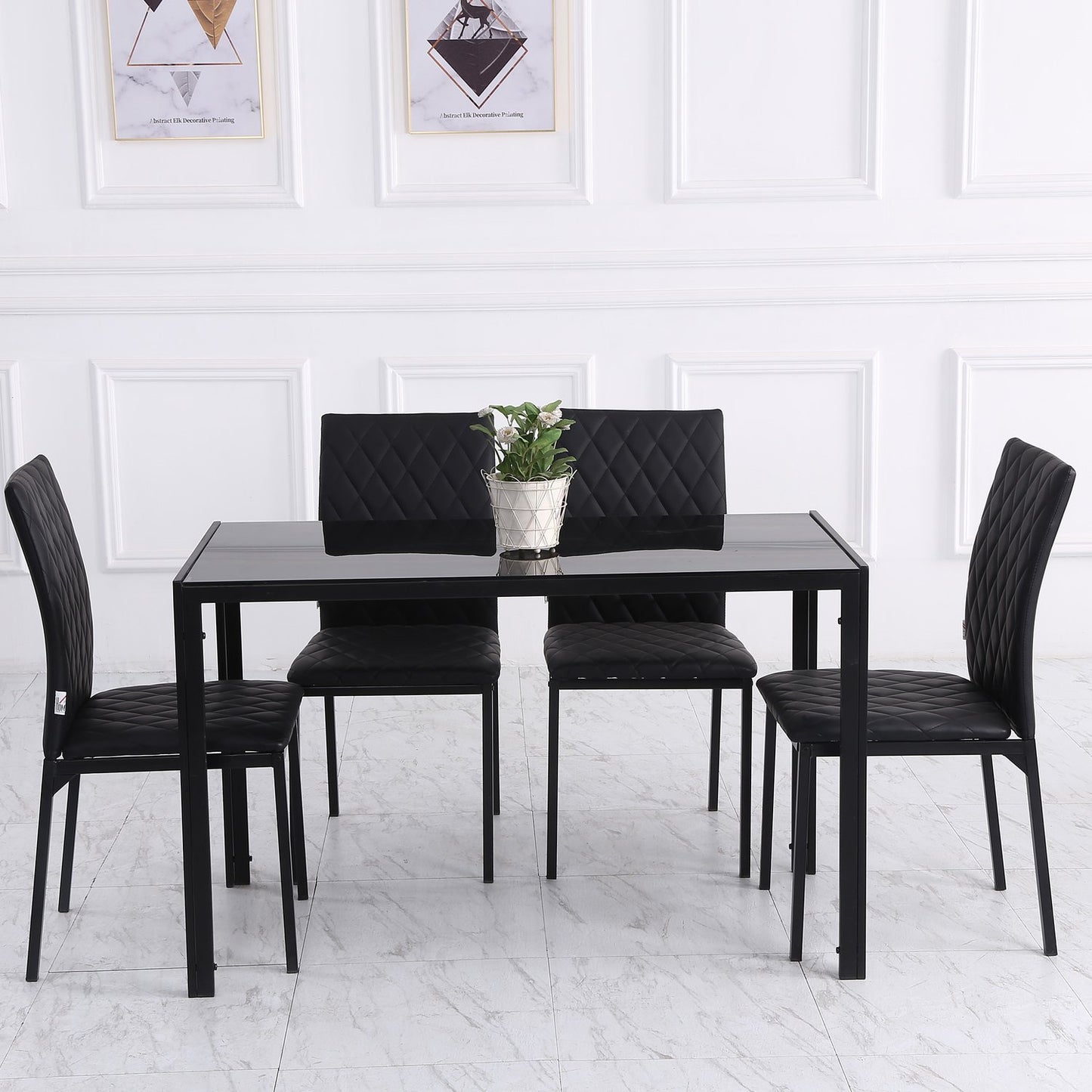Black artificial leather dining chairs, set of 4, steel legs, padded