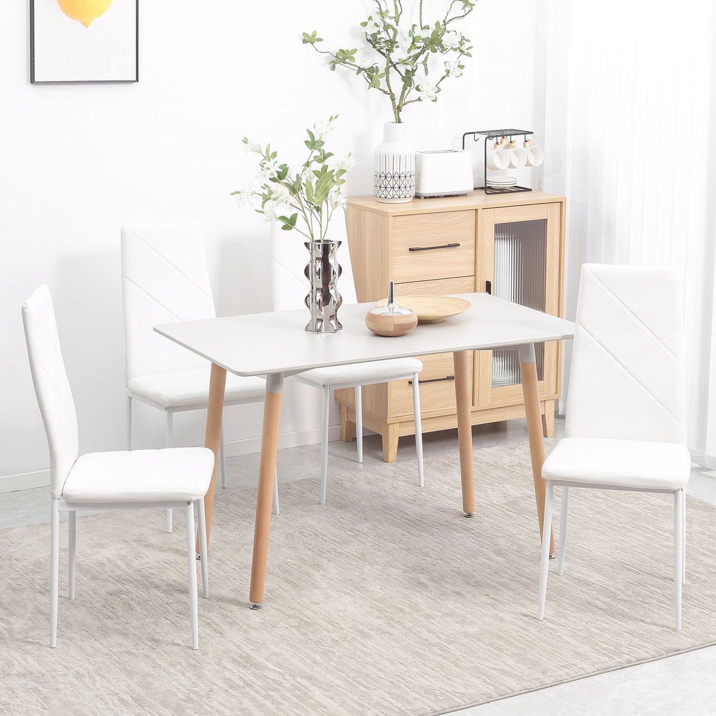 Dining chairs in white artificial leather, set of 4, padded seats
