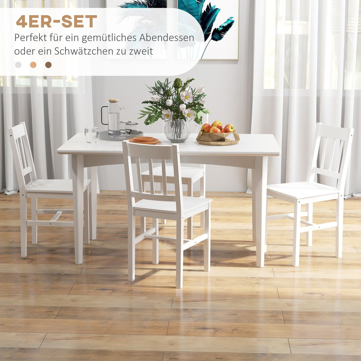 Set of 4 modern dining chairs, backrest in white pine