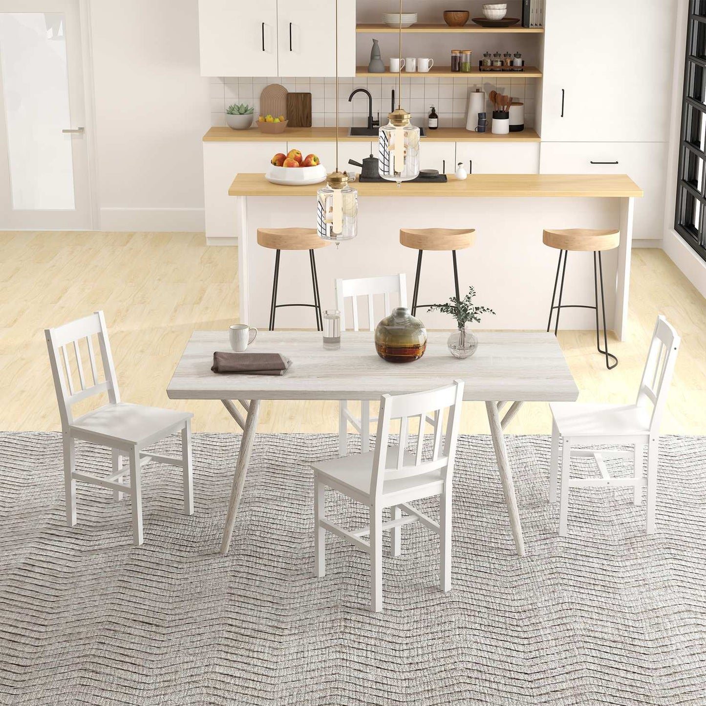 Set of 4 modern dining chairs, backrest in white pine