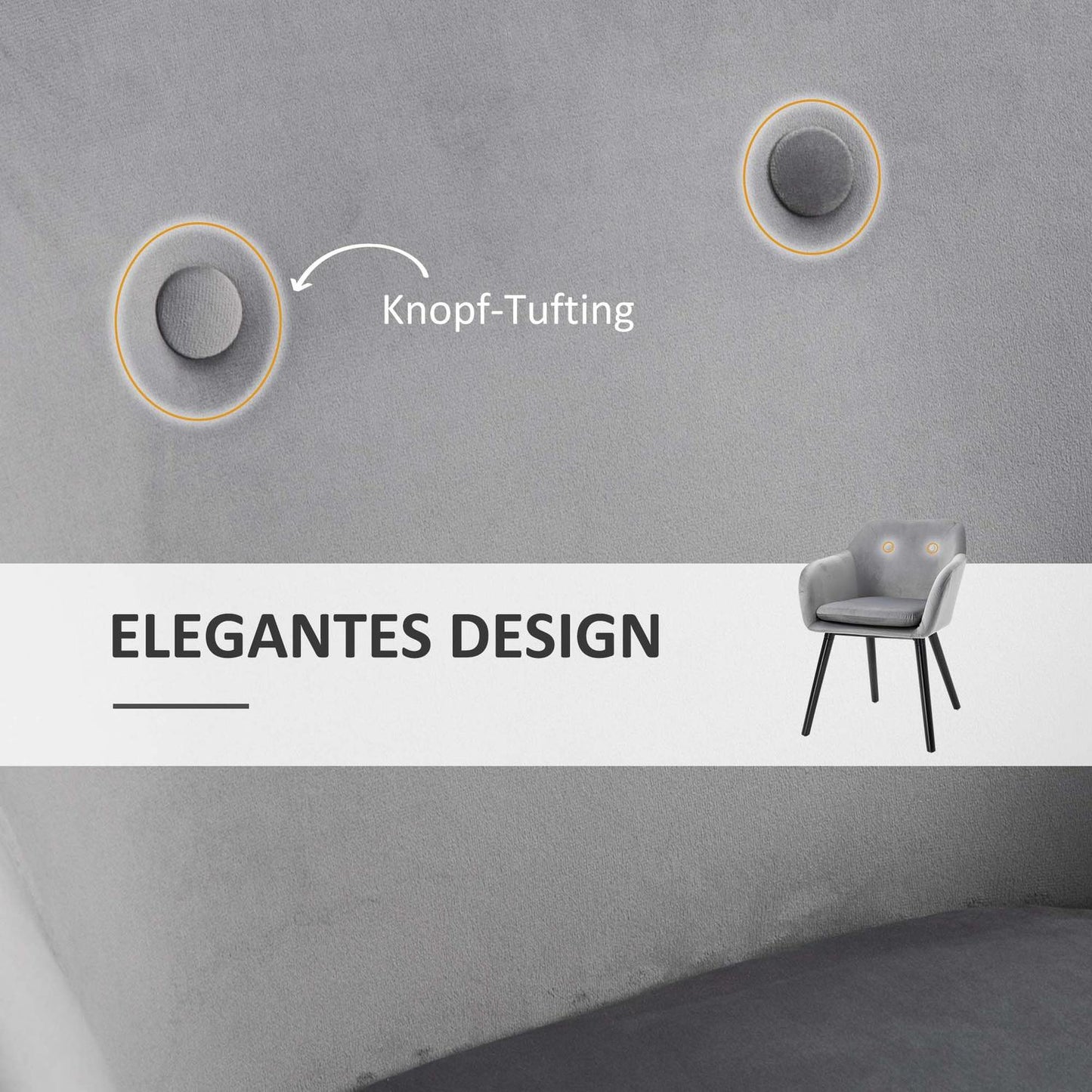 Set of 2 dining chairs in gray velvet with wooden legs