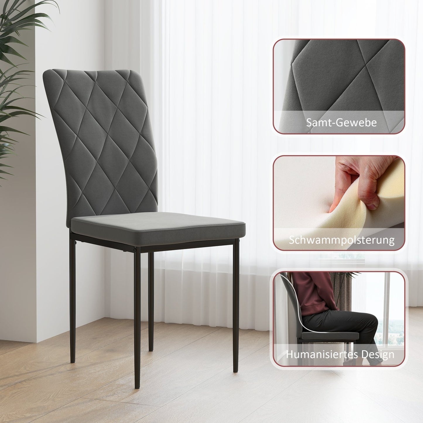 Set of 4 dark gray dining chairs in velvet look with backrest