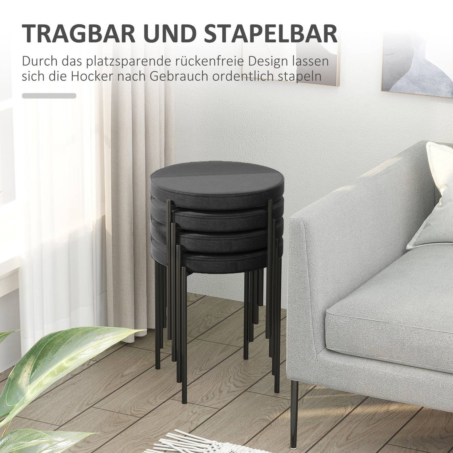 Set of 4 stackable bench stools in velvet, black, padded seat