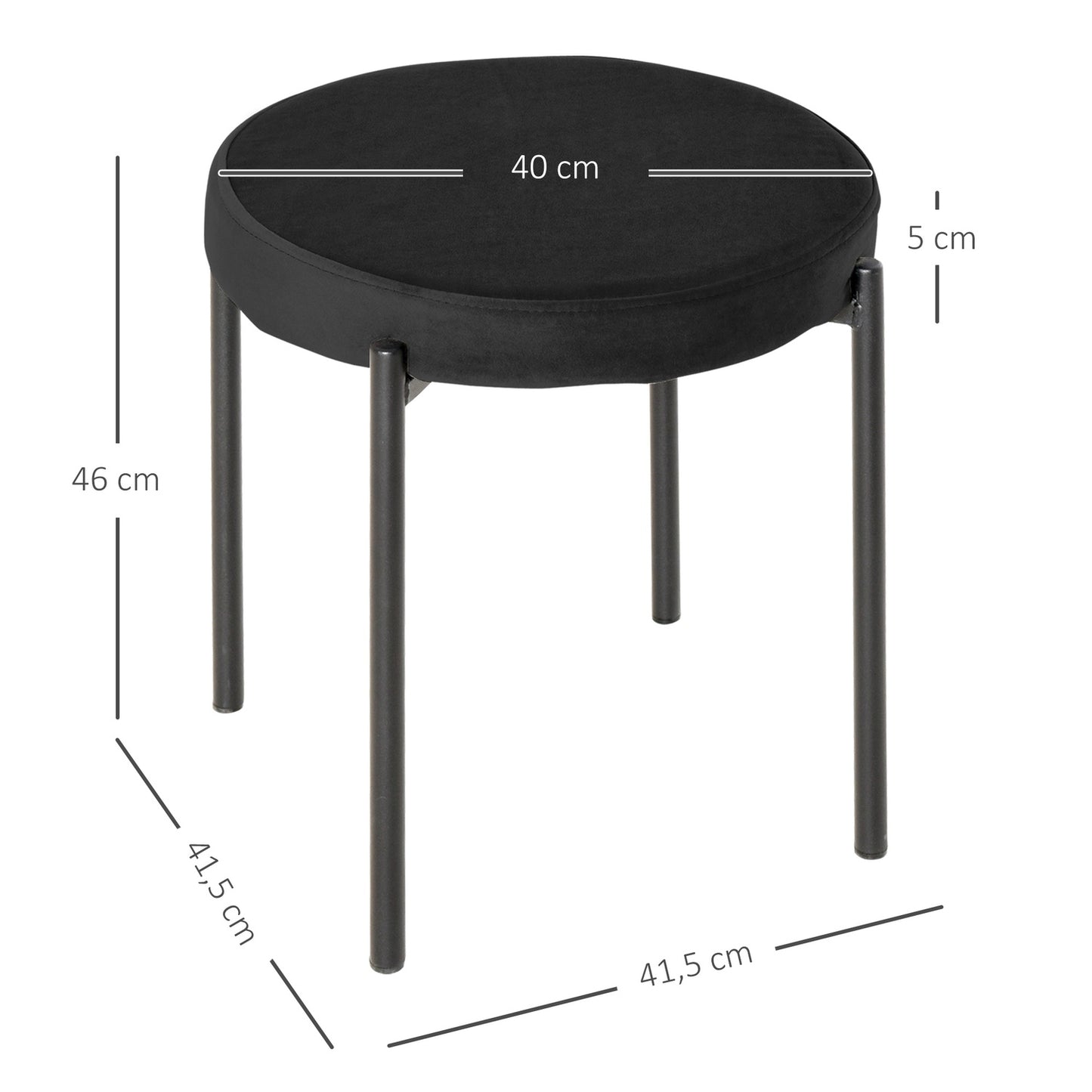 Set of 4 stackable bench stools in velvet, black, padded seat