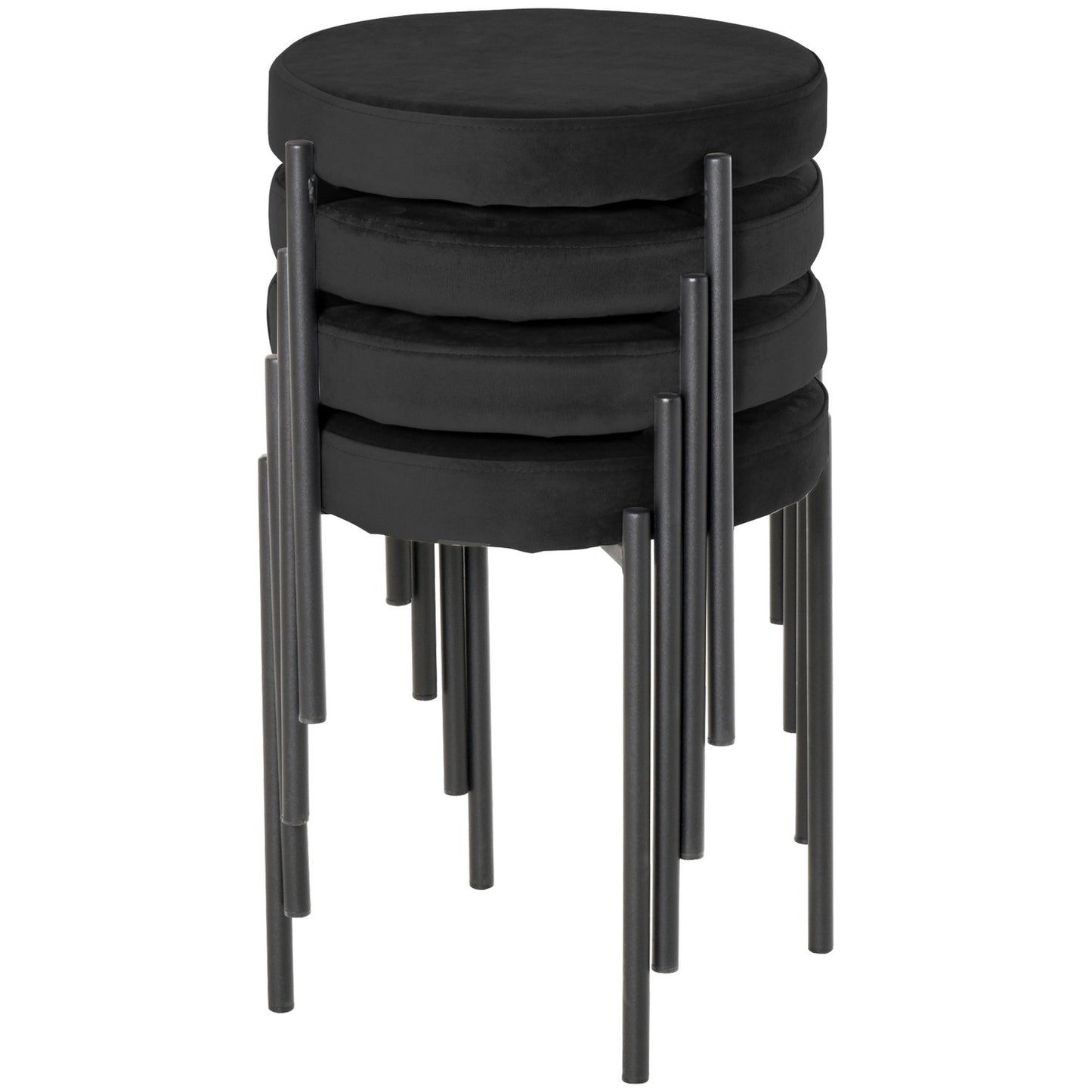 Set of 4 stackable bench stools in velvet, black, padded seat