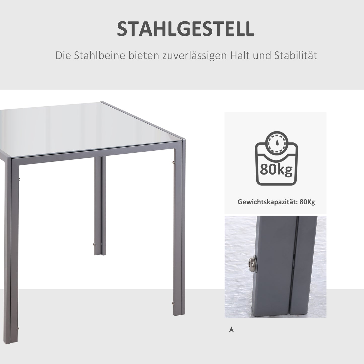 Square dining table for 4, Tempered glass top, Grey
