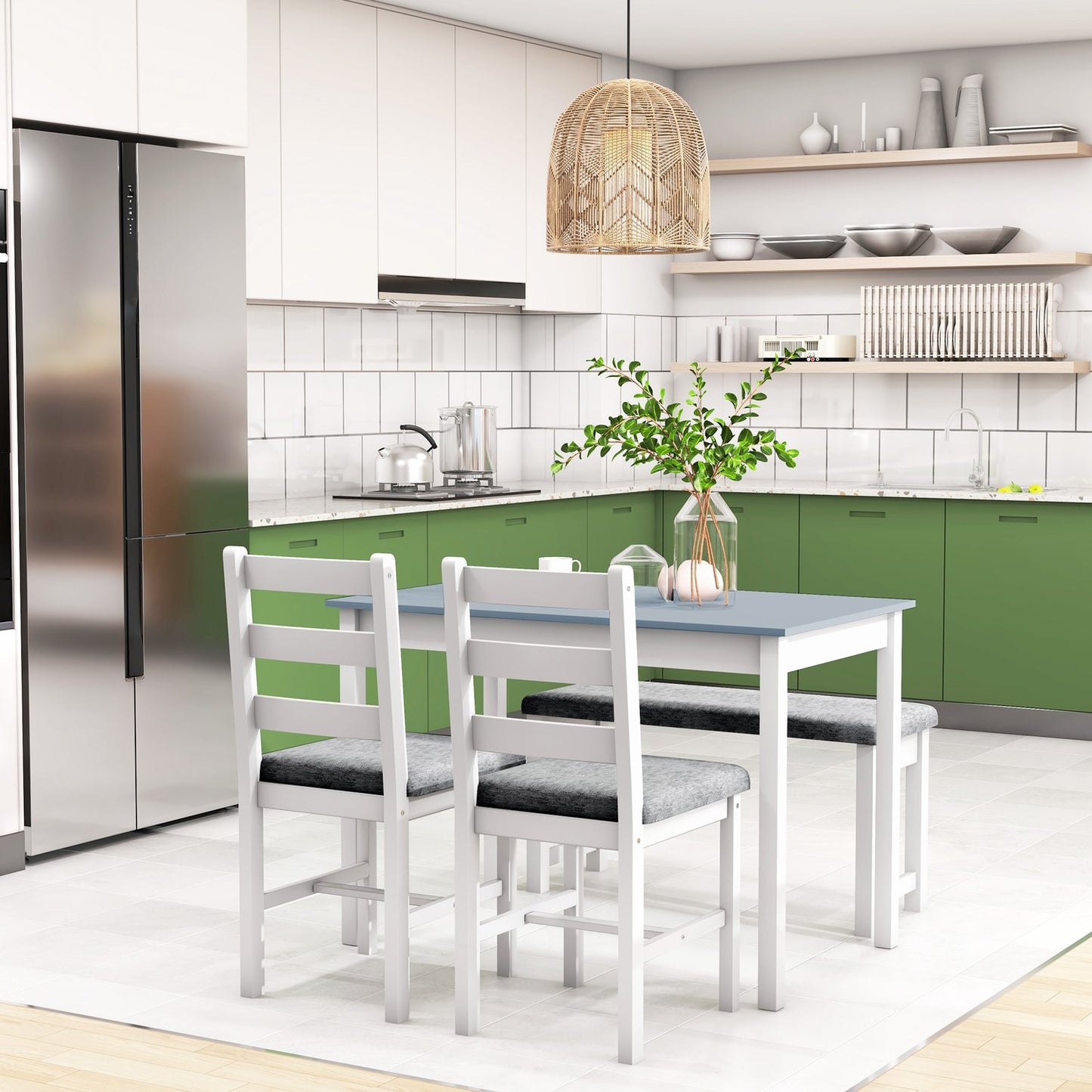 4-piece dining room set in pine, table with bench and chairs