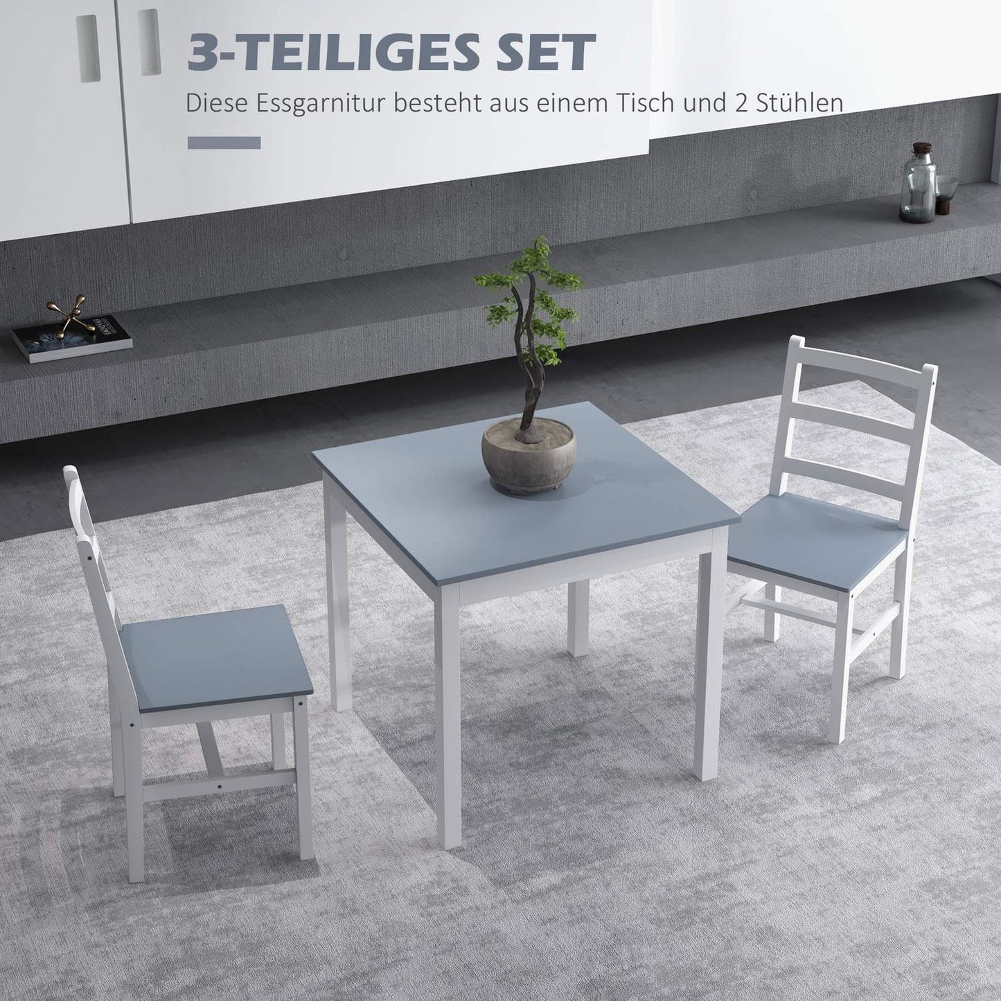 Compact dining set in 3 parts, grey/white pine