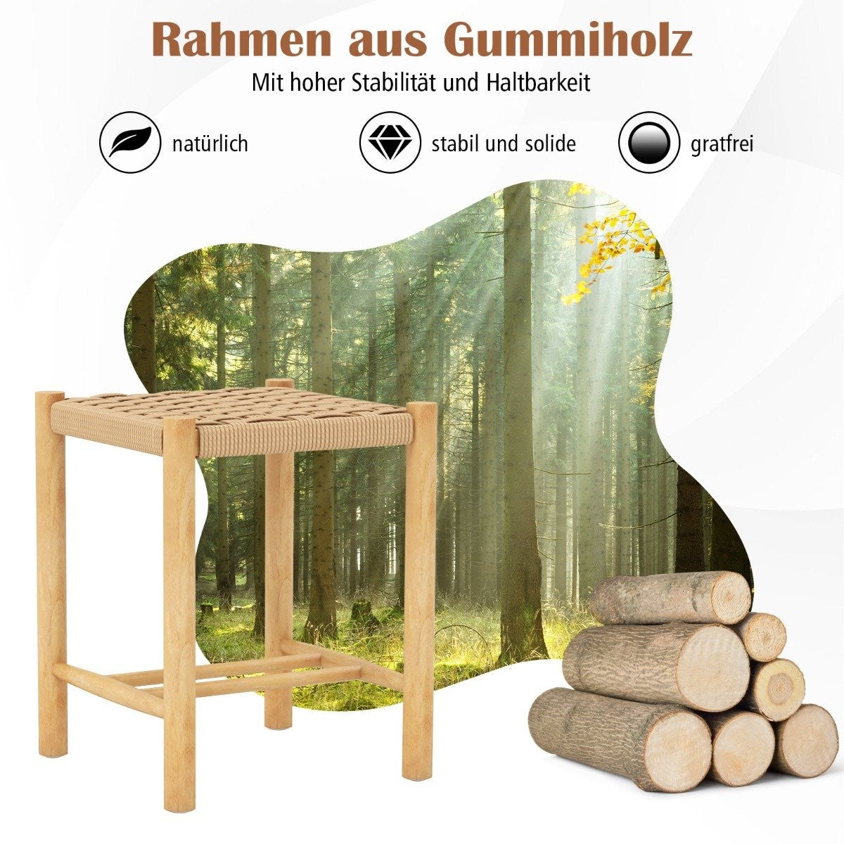 Dining Stool Set Rubberwood Frame & Braided Paper Seat 36 x 36 x 45 cm