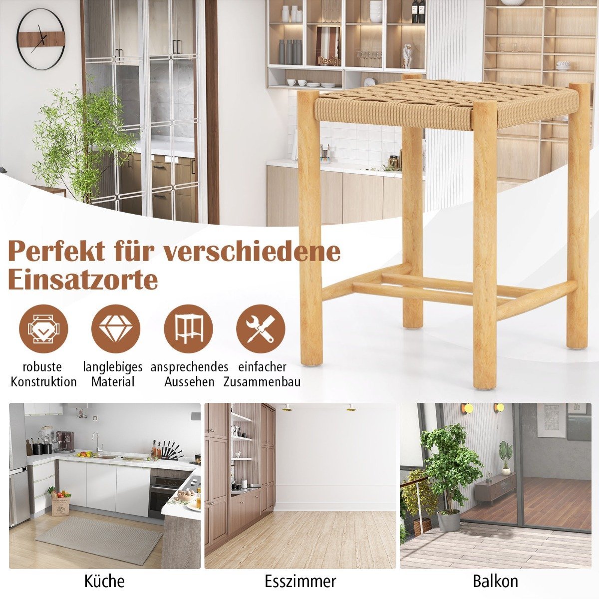 Dining Stool Set Rubberwood Frame & Braided Paper Seat 36 x 36 x 45 cm