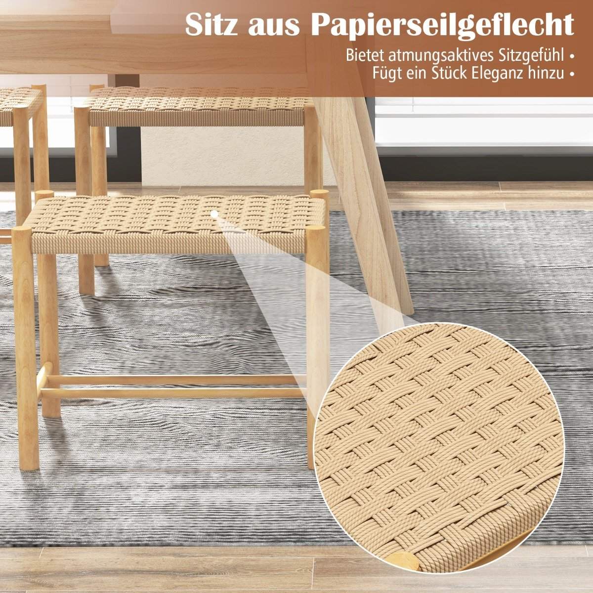 Dining Stool Set Rubberwood Frame & Braided Paper Seat 56 x 36 x 45 cm