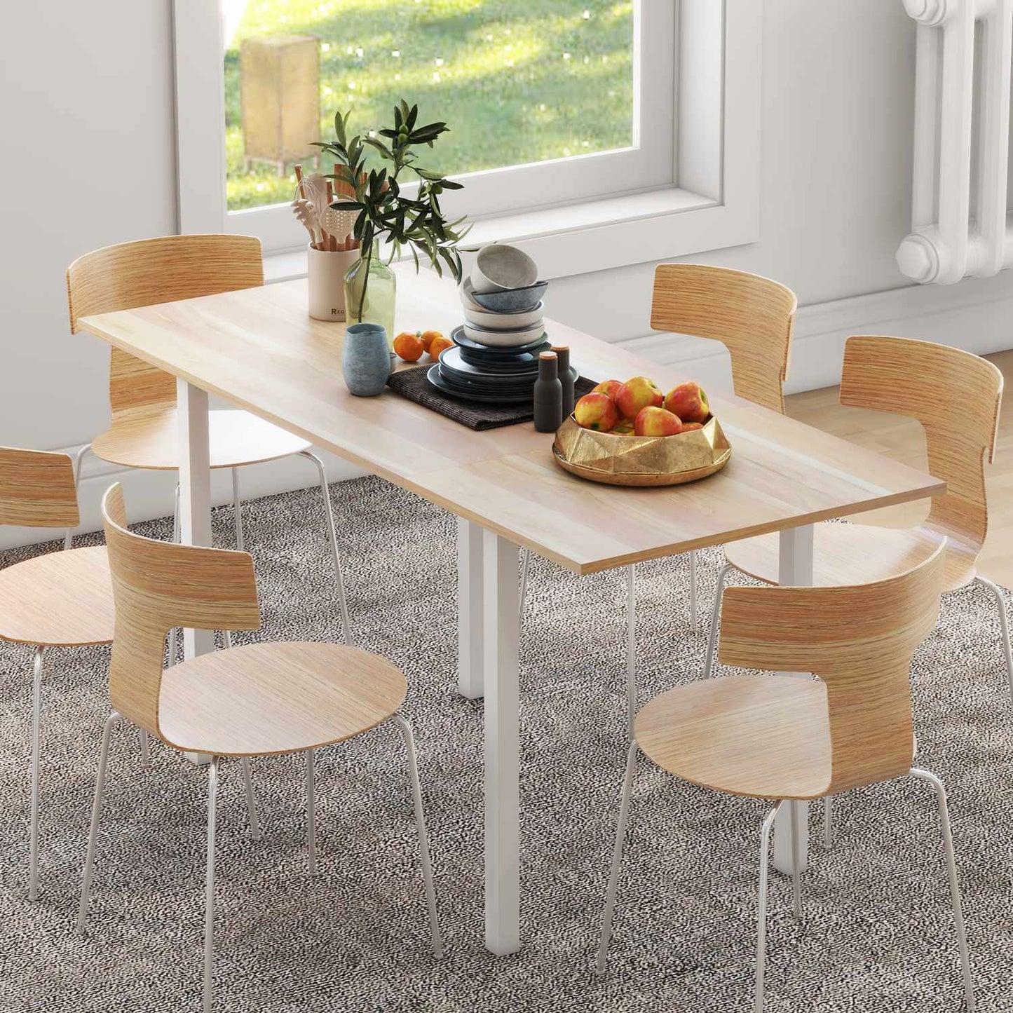 Extendable dining table for 6, steel frame, brown finish