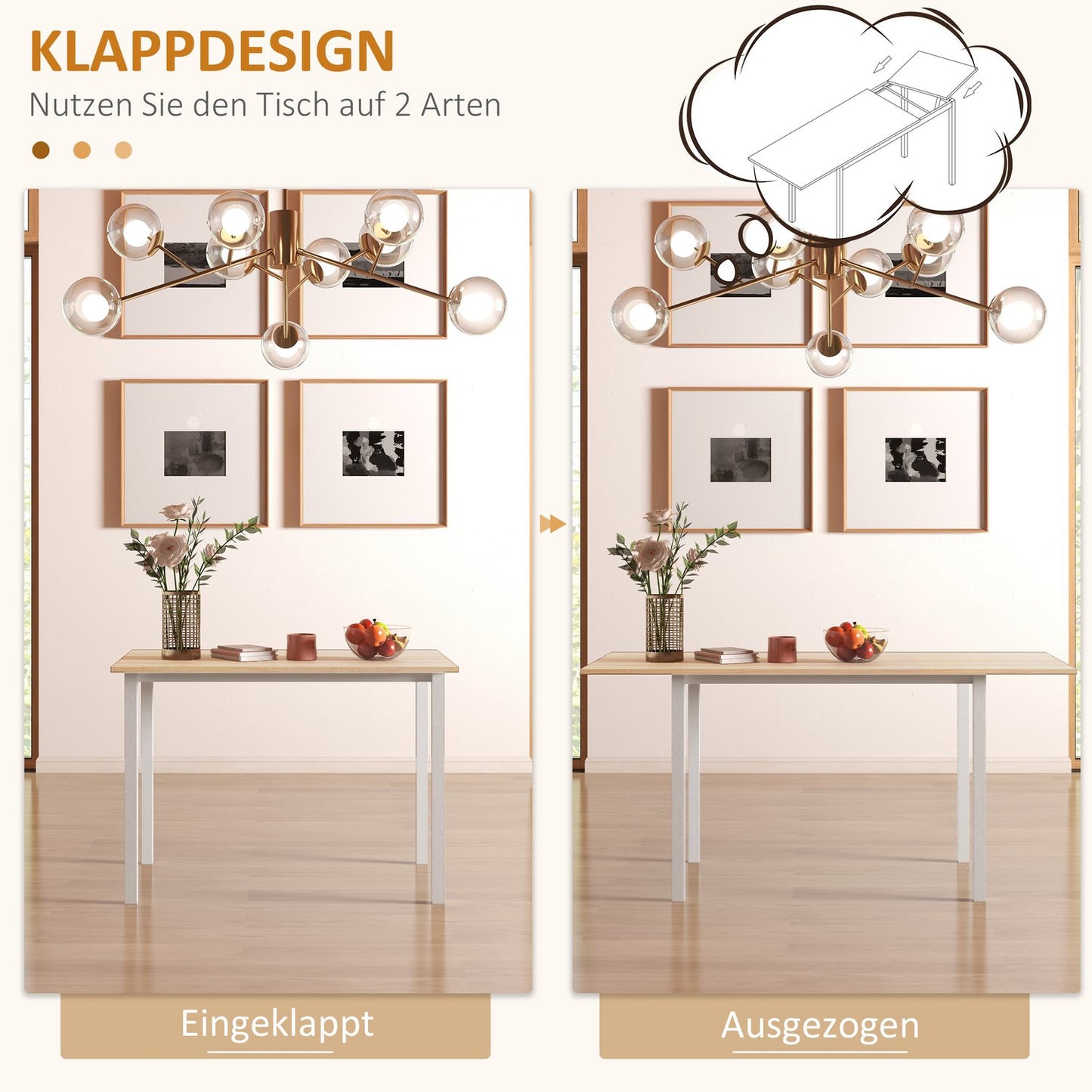 Extendable dining table for 6, steel frame, brown finish