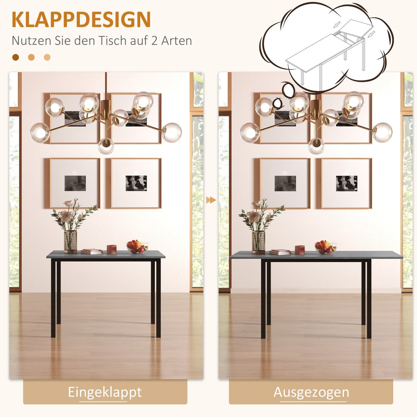 Extendable dining table for 6 - Dark gray steel, 110-160cm