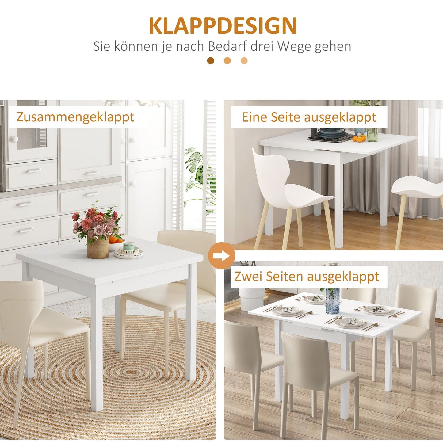 Extendable dining table in white wood for 2-4 people