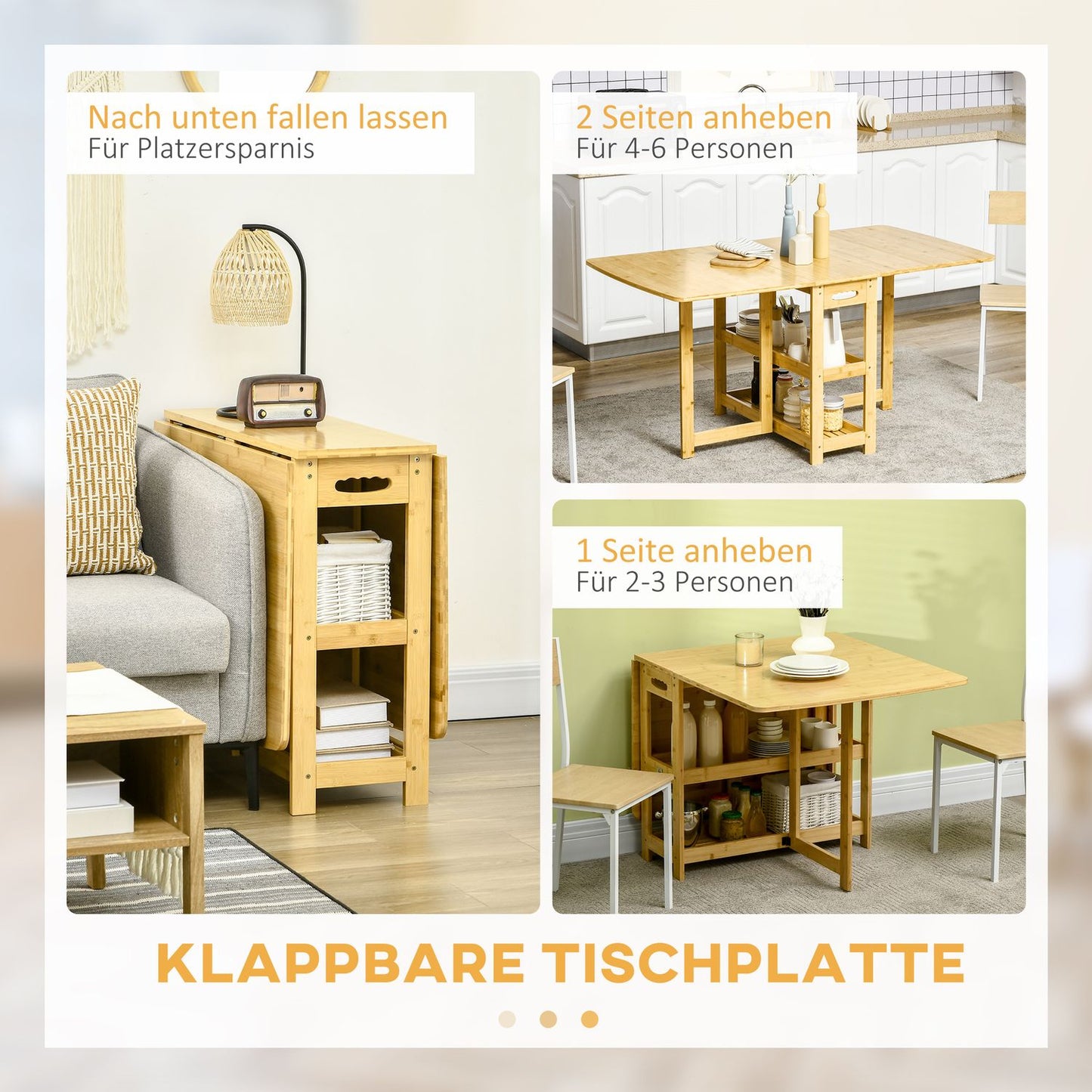 Folding dining table, bamboo, storage and adjustable feet