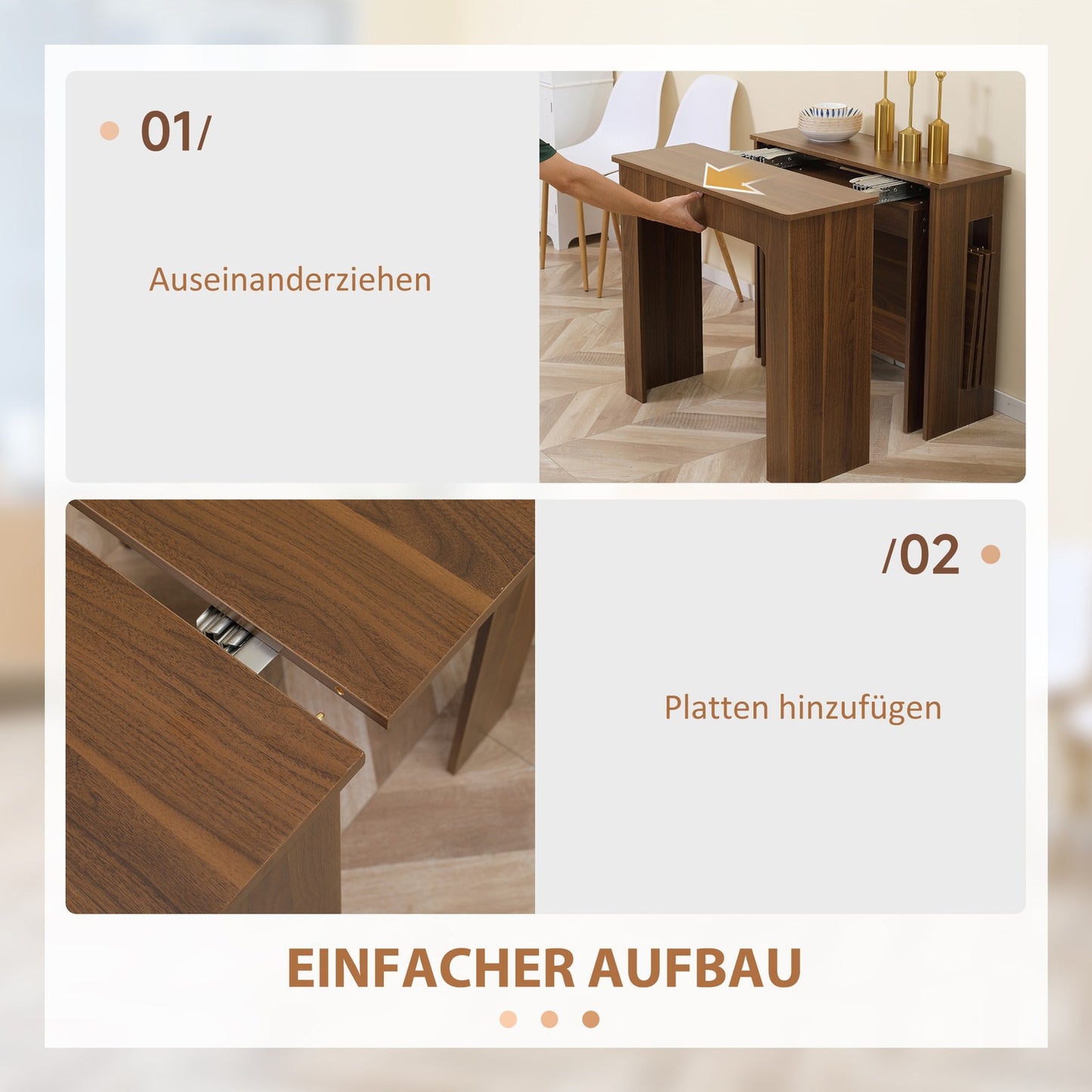 Modern extendable brown dining table, 180 x 85 cm