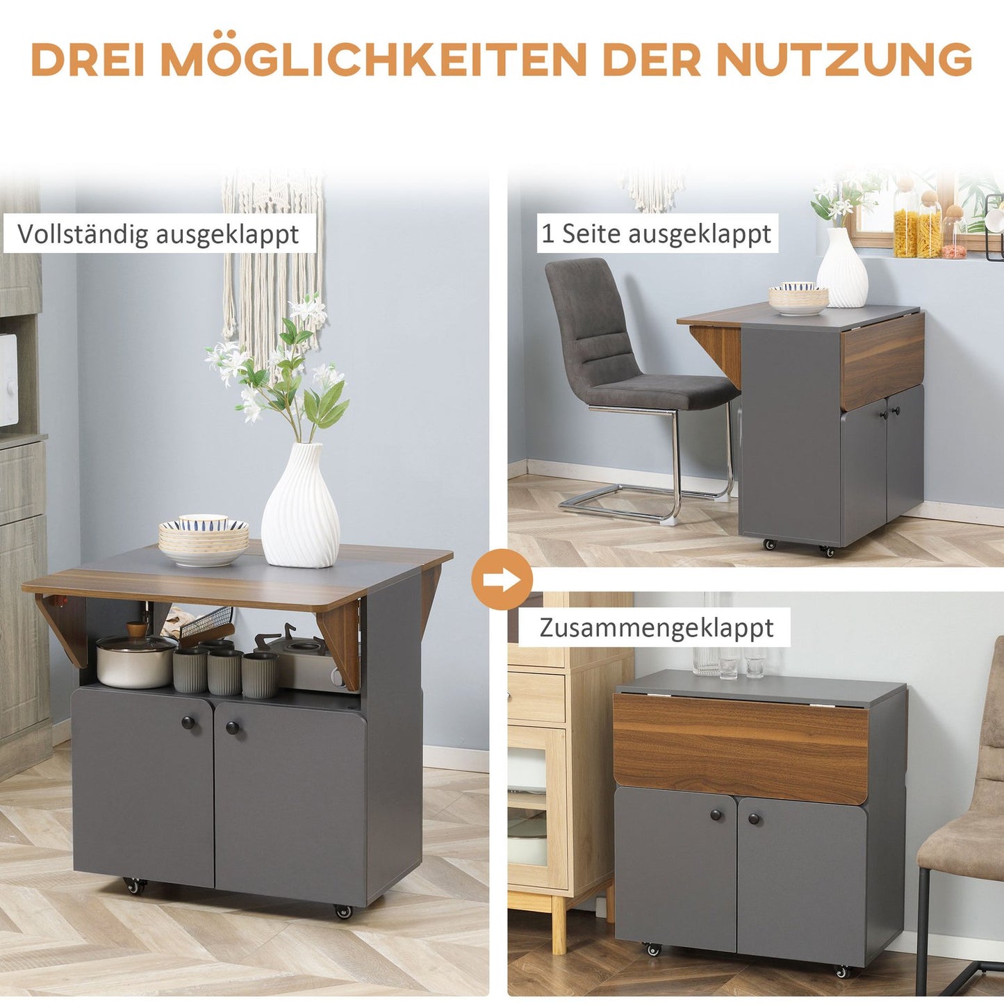 Folding dining table with wheels and storage, light grey/dark brown