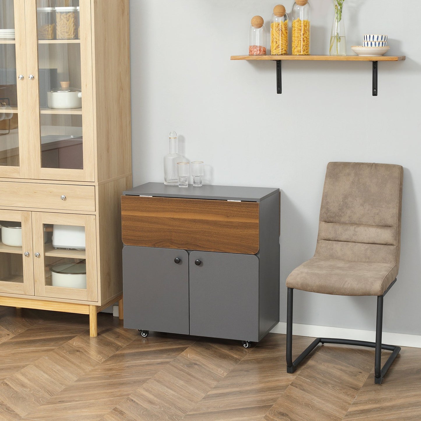 Folding dining table with wheels and storage, light grey/dark brown